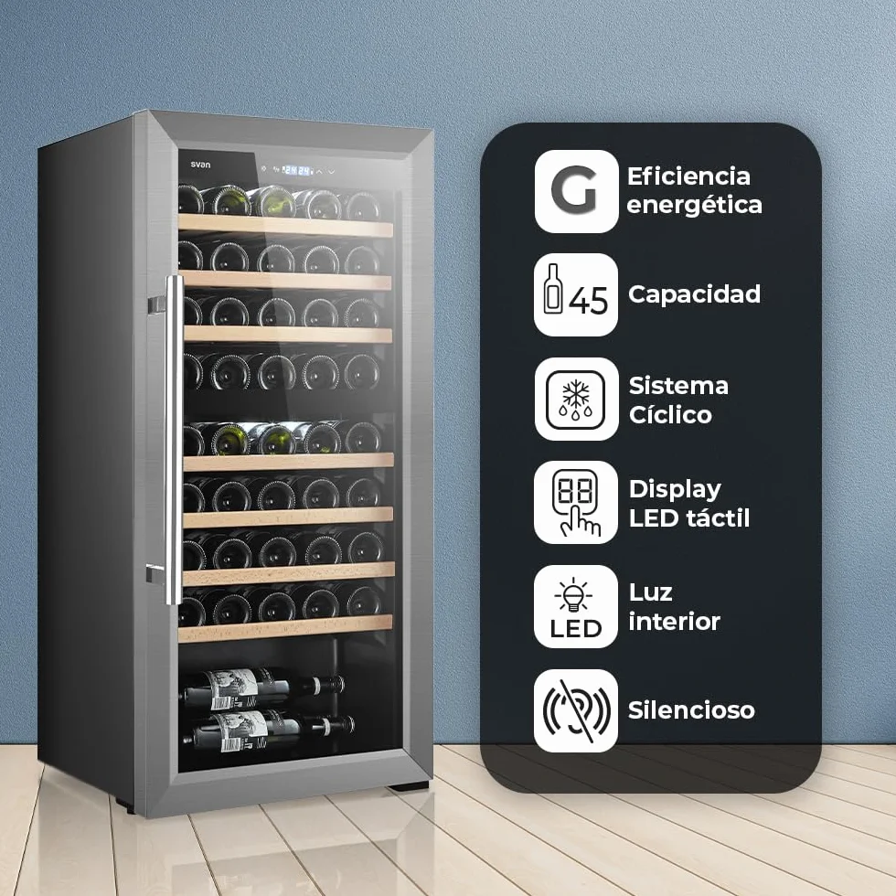SVAN Vinoteca 45 Botellas Negro SVN4500D. 85W, 2 Zonas Independientes, Display LED táctil, Pantalla Digital Exterior, 7 Baldas de Madera, 1 Rejillas Metálicas, Clase de Eficiencia Enérgetica G