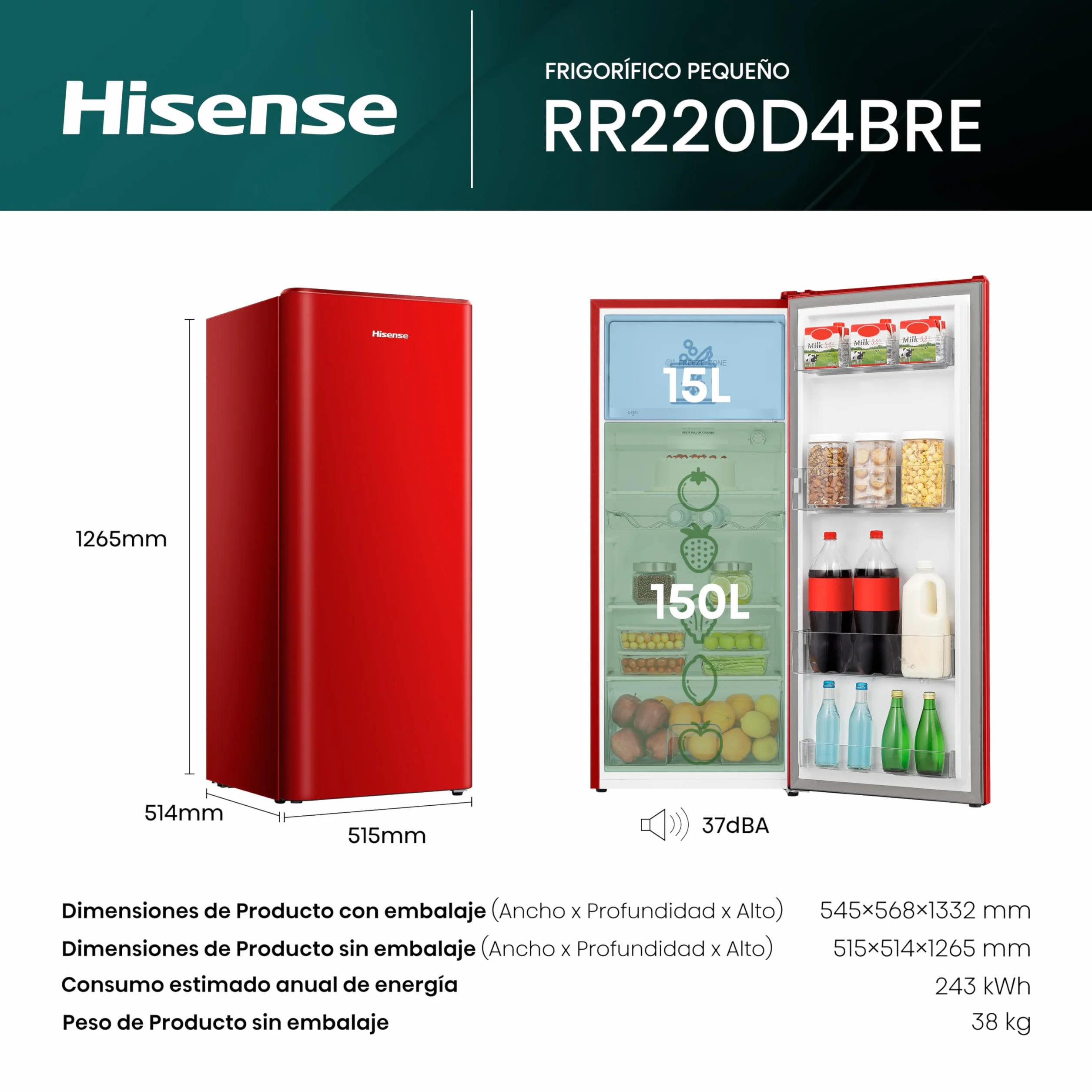 Hisense RR220D4BRE - Frigorífico Una Puerta, Congelador Freeze Zone, 165 L de capacidad, 128 cm alto, Class E, Botellero, Cycle Defrost (Cíclico), Cajón Frutas Y Verduras, Color Rojo
