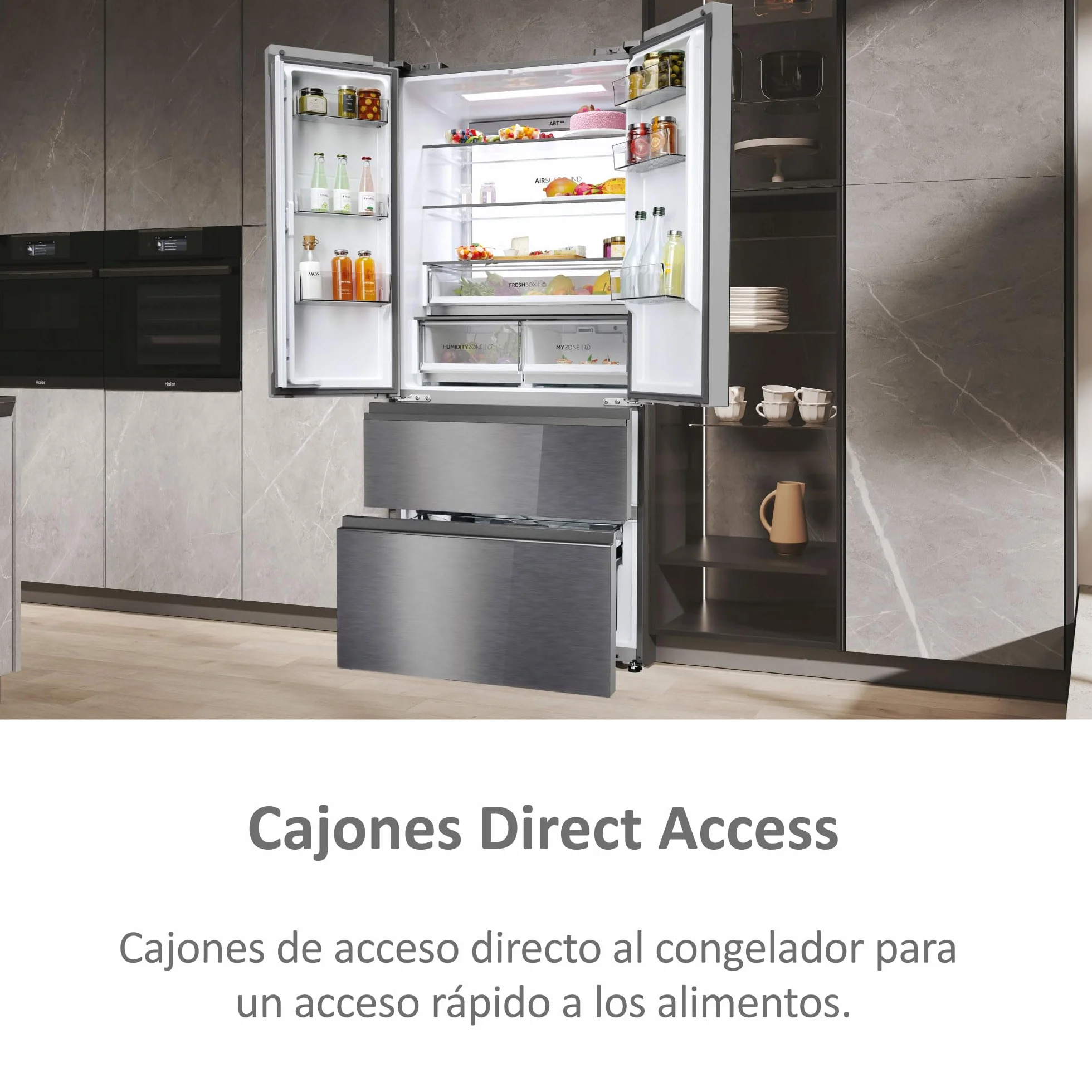 Haier FD 83 Series 7 HFR7819ENGC - Frigorífico Puerta Francesa, 504L, Cajones Direct Access, AirFlow, WIFI, Motor Inverter, Humidity Zone, Total No Frost, Ancho 83cm, Daylight, Glass Inox Look