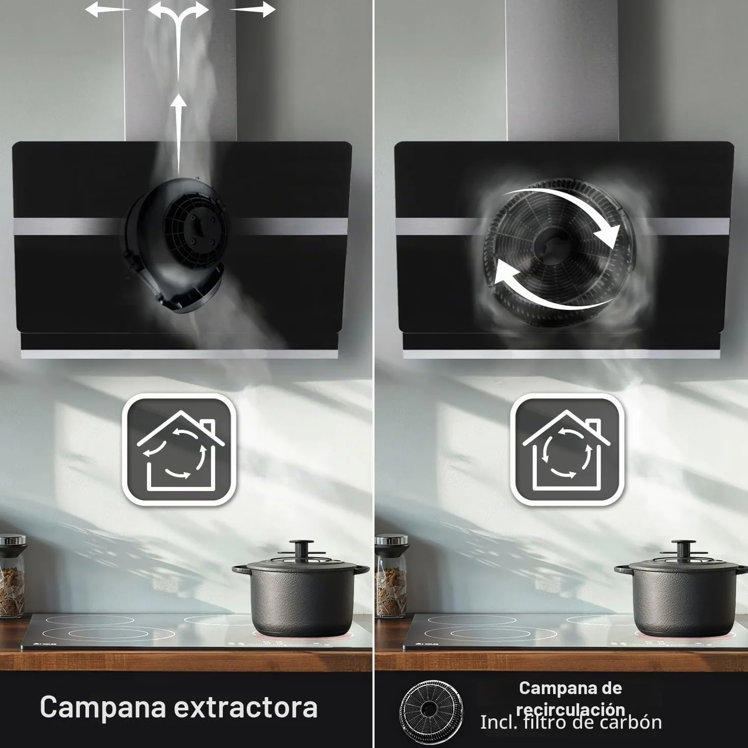 Campana Extractora 80 cm | Campana de Pared Inclinada | acero inoxidable | vidrio negro | apagado automático | Funcionamiento táctil | HERMES8005S