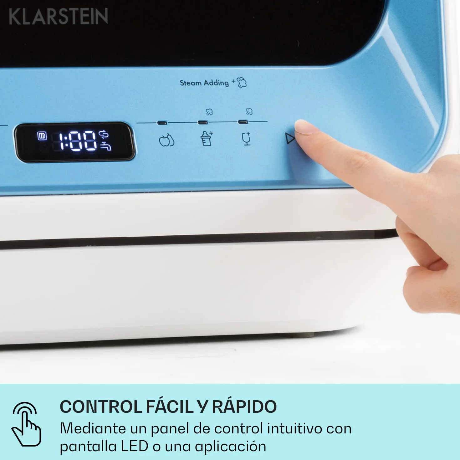Klarstein Amazonia Mini Lavavajillas – Compacto, 7 Programas, 5L Depósito o Conexión Directa, Silencioso 58dB, Clase energética D, Pantalla Digital, Lavavajillas Portátil para Cocina Pequeña, Azul