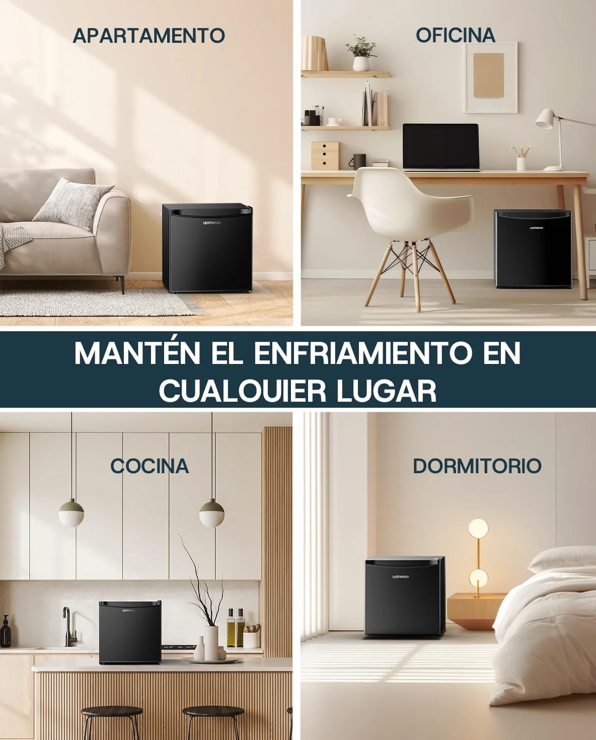 Upstreman 46L Mini Nevera con Congelador, 1℃-8℃ Termostato Ajustable, Ahorro de Energía, Silencioso, Minibar para Dormitorio, Oficina, Hotel, FR17- negro brillante