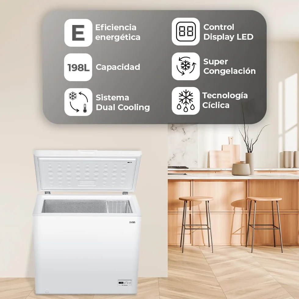 Svan Congelador horizontal Blanco SCH2001EDC. Capacidad 198 Litros, Dual Cooling, 1 Cesta, Bajo nivel Sonoro, Eficiencia Energética Clase E [Clase de eficiencia energética E]