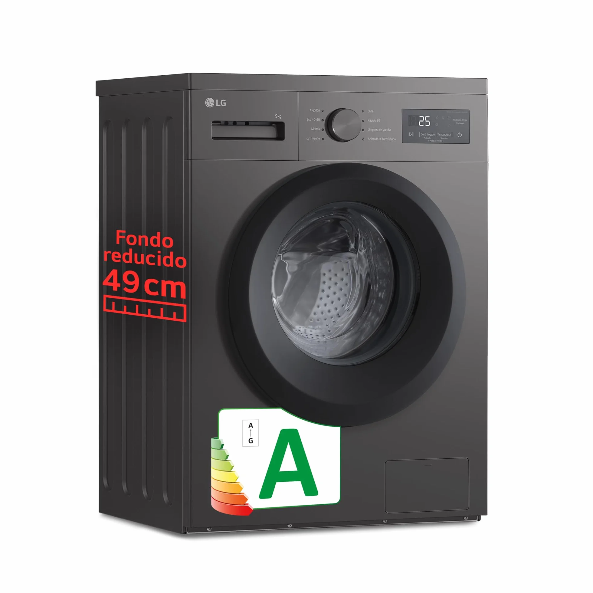 LG F4A1009NDK - Lavadora, 9 kg, 1400 rpm, Carga Frontal, 8 Programas, Programa Rápido y Programa Lavado a Mano, Fondo Especial Reducido, Display LED, Serie 100, Color Grafito