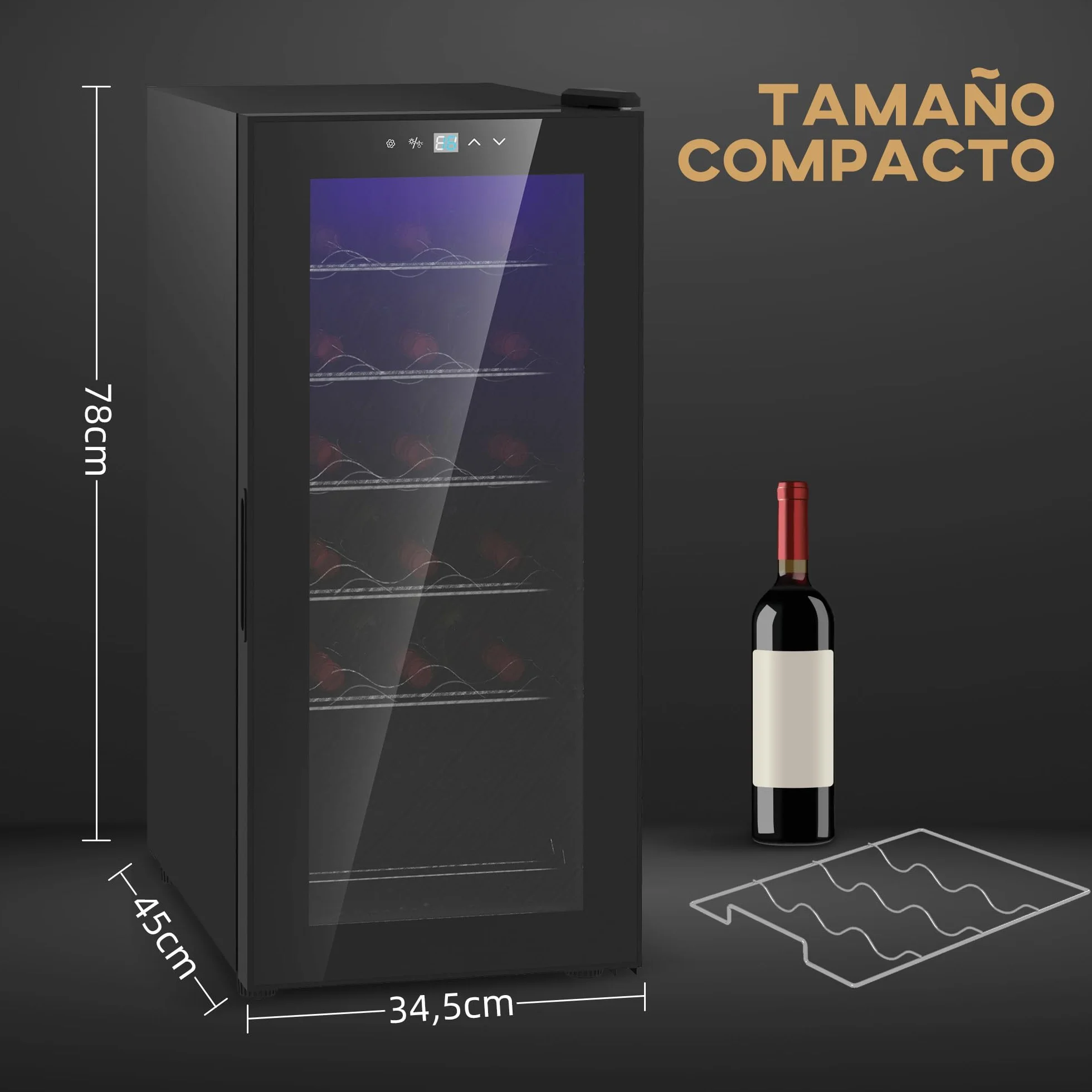 HOMCOM Nevera Vinos 18 Botellas 50L Vinoteca con Luz LED Interior Pantalla LED Táctil Digital Control de Temperatura Puerta de Vidrio Anti-UV y 5 Estantes de Metal Negro