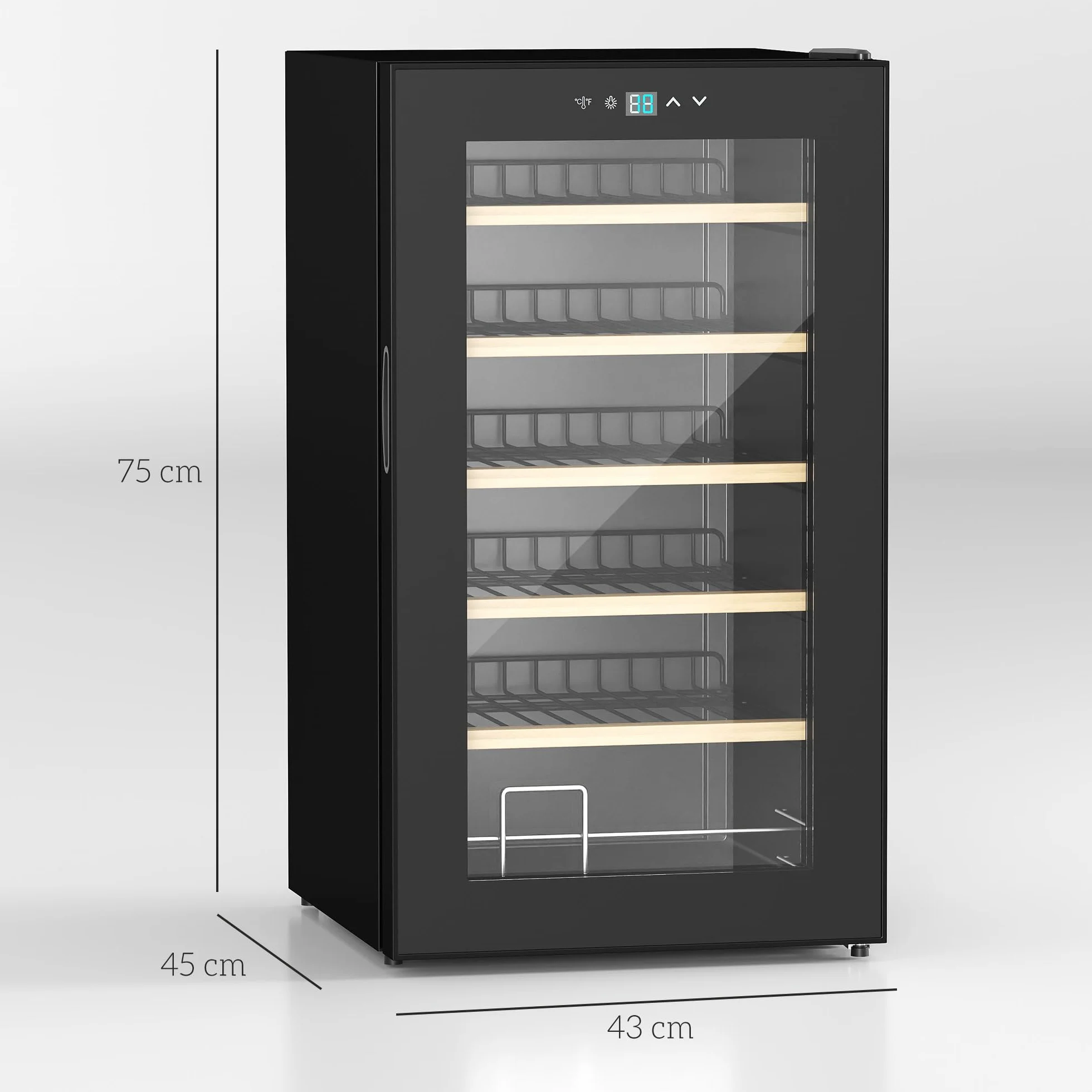 HOMCOM Nevera Vinos 24 Botellas 65L Vinoteca con Luz LED Interior Pantalla Táctil Digital Control de Temperatura Puerta de Vidrio y 5 Estantes de Metal Negro