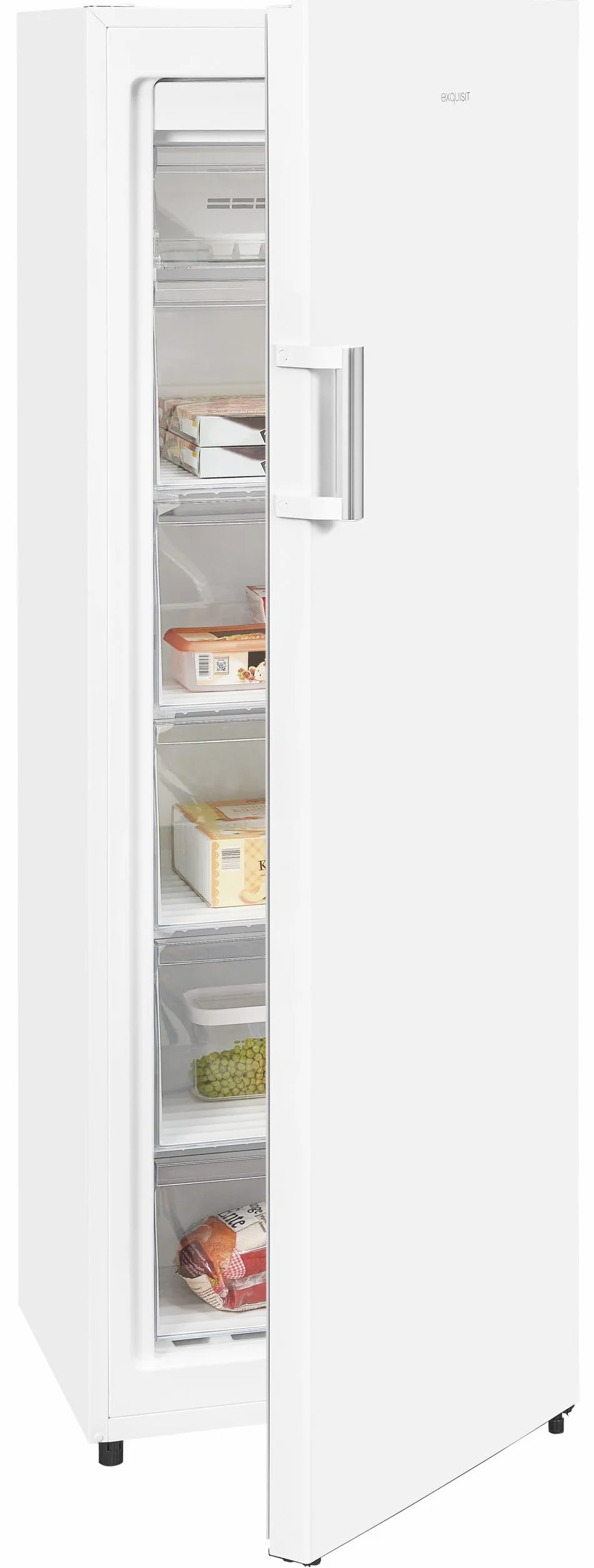 Exquisit® Congelador Vertical, 194L, Clase E, Color Blanco, 1 Puerta, 5 Cestos, Estante de Cristal,Tecnología No-Frost, Cajón XL, Altura Regulable, Consumo 219 kWh/año, Medidas 169,5x56x56,5 Cm.
