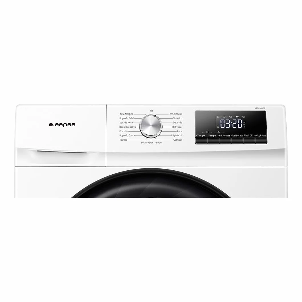 Aspes Secadora Bomba Calor 8Kg, Carga Frontal, Blanco, ASB801A2DB. 650W, 15 Programas, Función Antiarrugas, Función Antiarrugas, Tambor Waterdrop, Display LED manual, Eficiencia Energética Clase A++