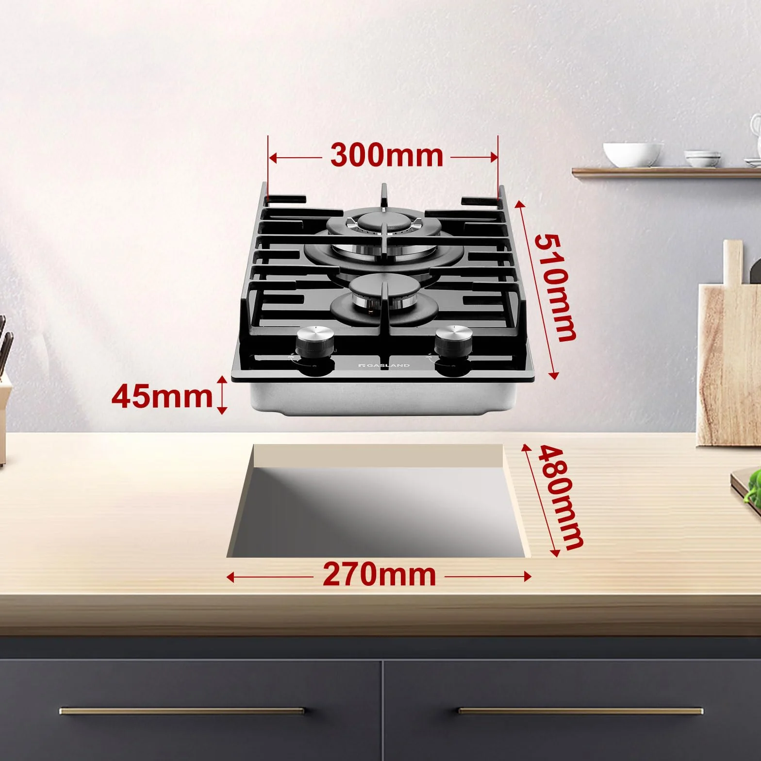 GASLAND GH2302BG1FC Placa de Cocina de Gas Butano, Encimera de Cristal Con 2 Fogones y Quemador Wok, Empotrable, Negra de 30 cm, 5,2 KW