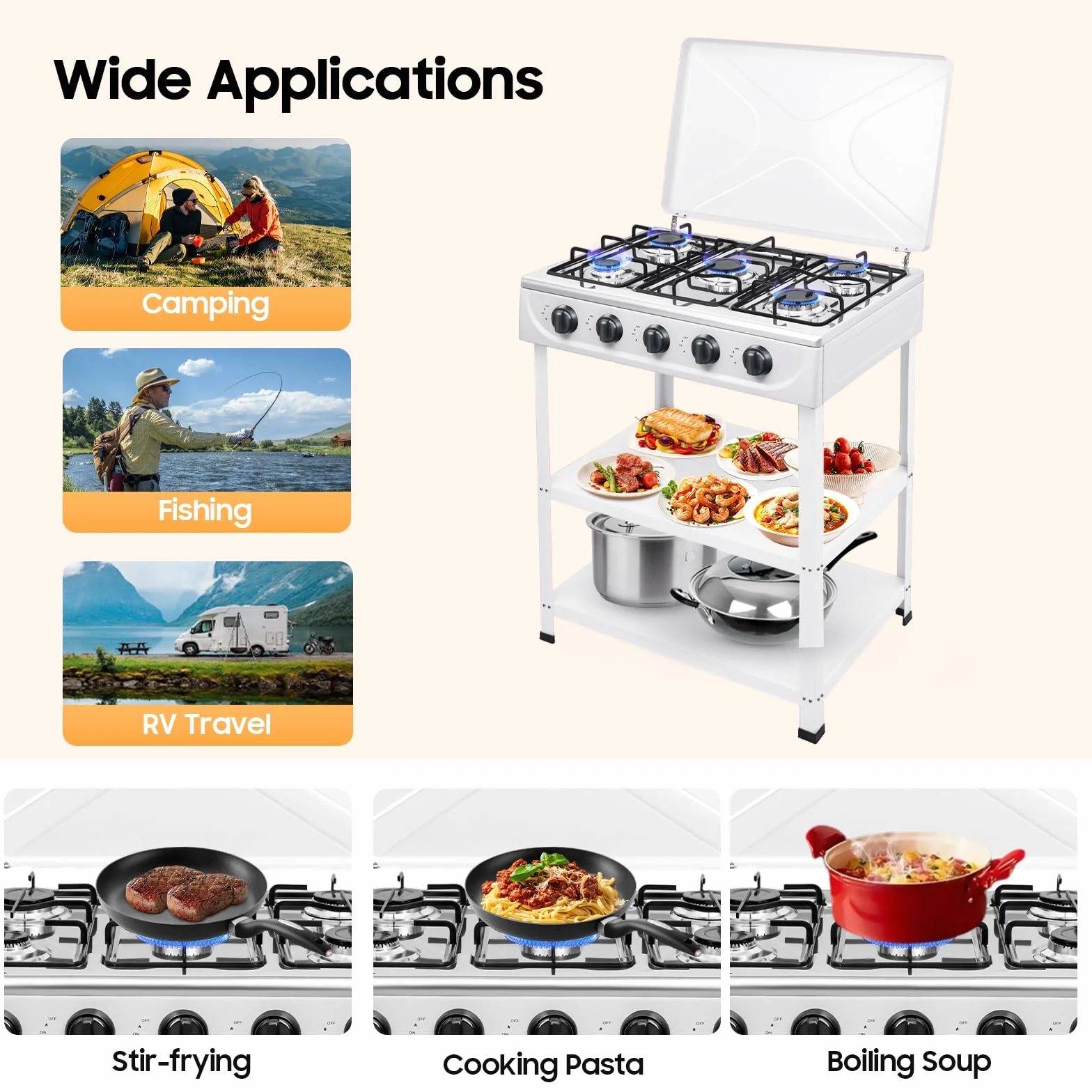 Kuchenka gazowa 5-palnikowa 2,5 kW niezależna z tacą dwuwarstwową i pokrywą