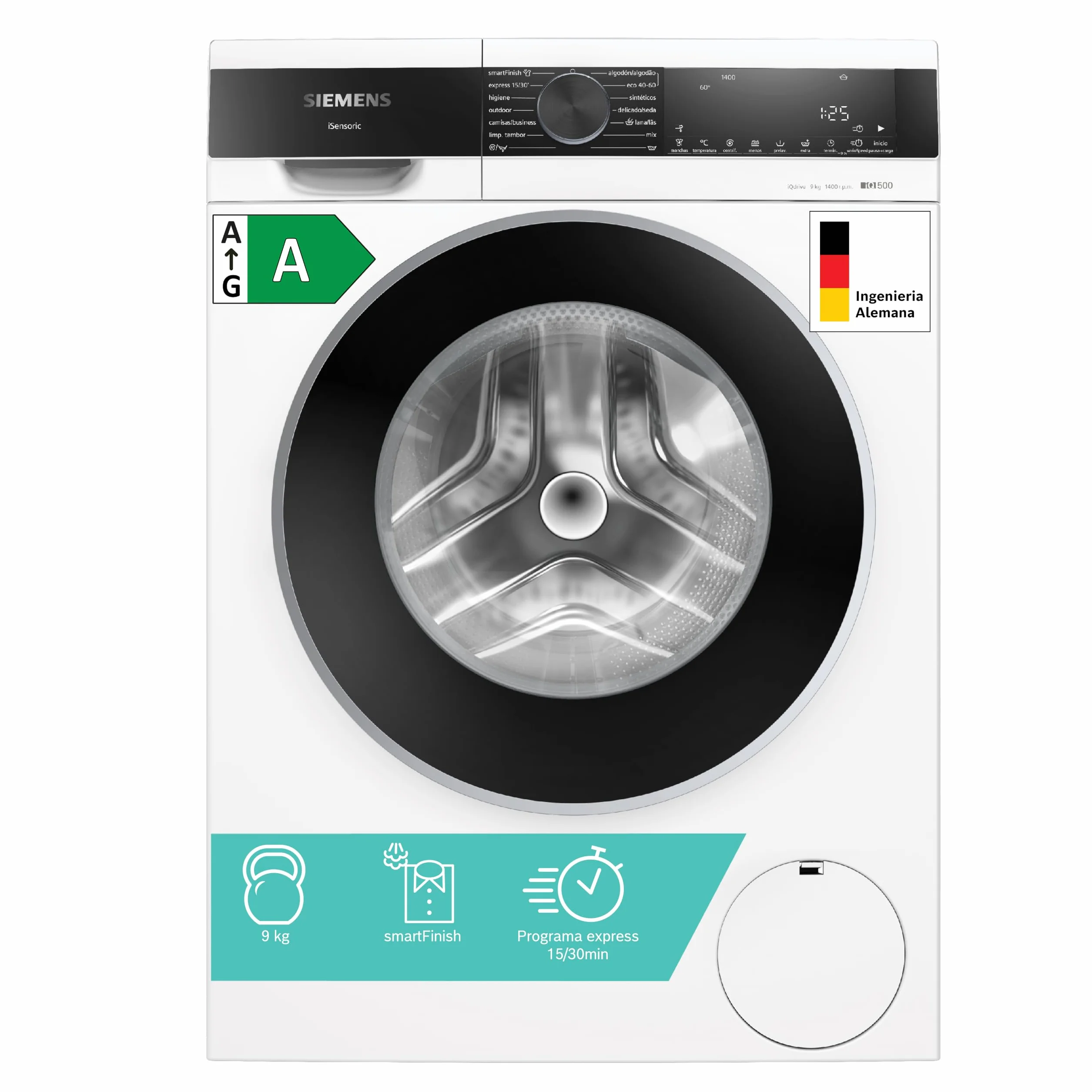 Siemens - Lavadora de carga frontal, 9 kg, 1400 r.p.m, antiManchas, Motor iQdrive, Blanco, WG44G2ZAES