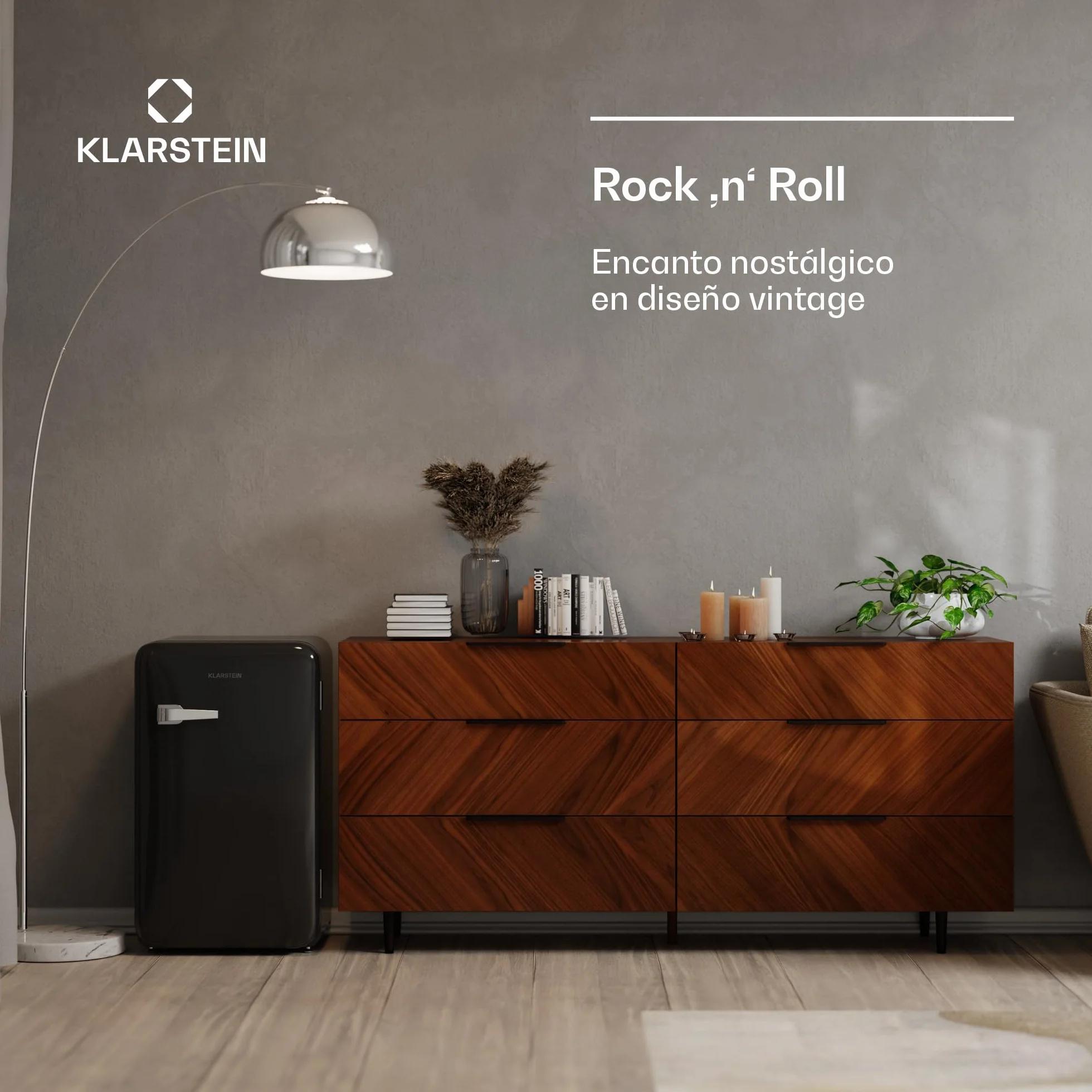 KLARSTEIN Audrey Evo 90L Mininevera Retro - Silenciosa 40 dB, Termostato Ajustable, Puerta Reversible, Nevera Pequeña para Habitaciones, Oficinas, Negro
