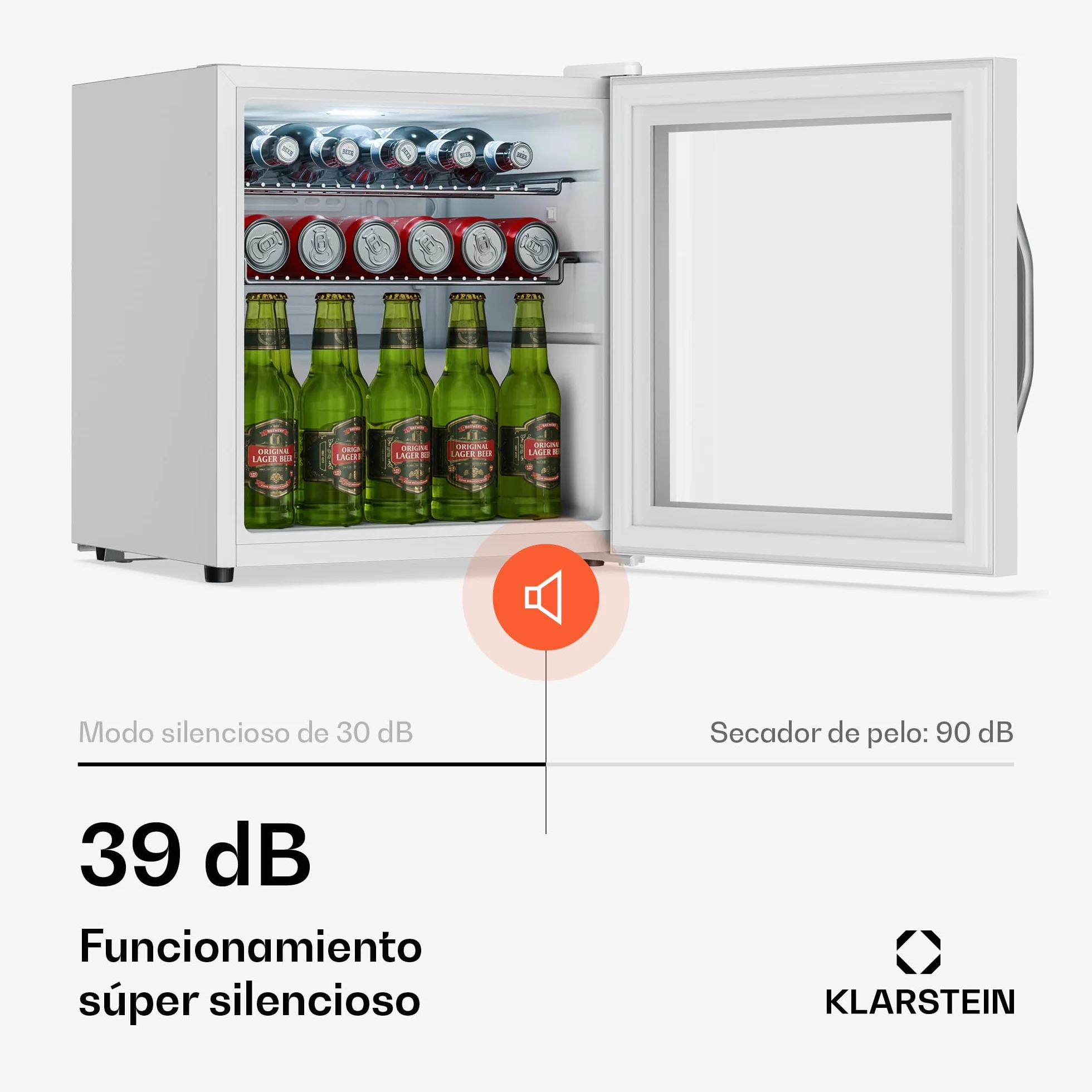 KLARSTEIN Beersafe Nevera para Bebidas - 47L, Puerta de Cristal Espejo, 0-13°C, 2 Estantes Metálicos Extraíbles, Frigorifico para Bebidas, Control Giratorio, Bajo Ruido