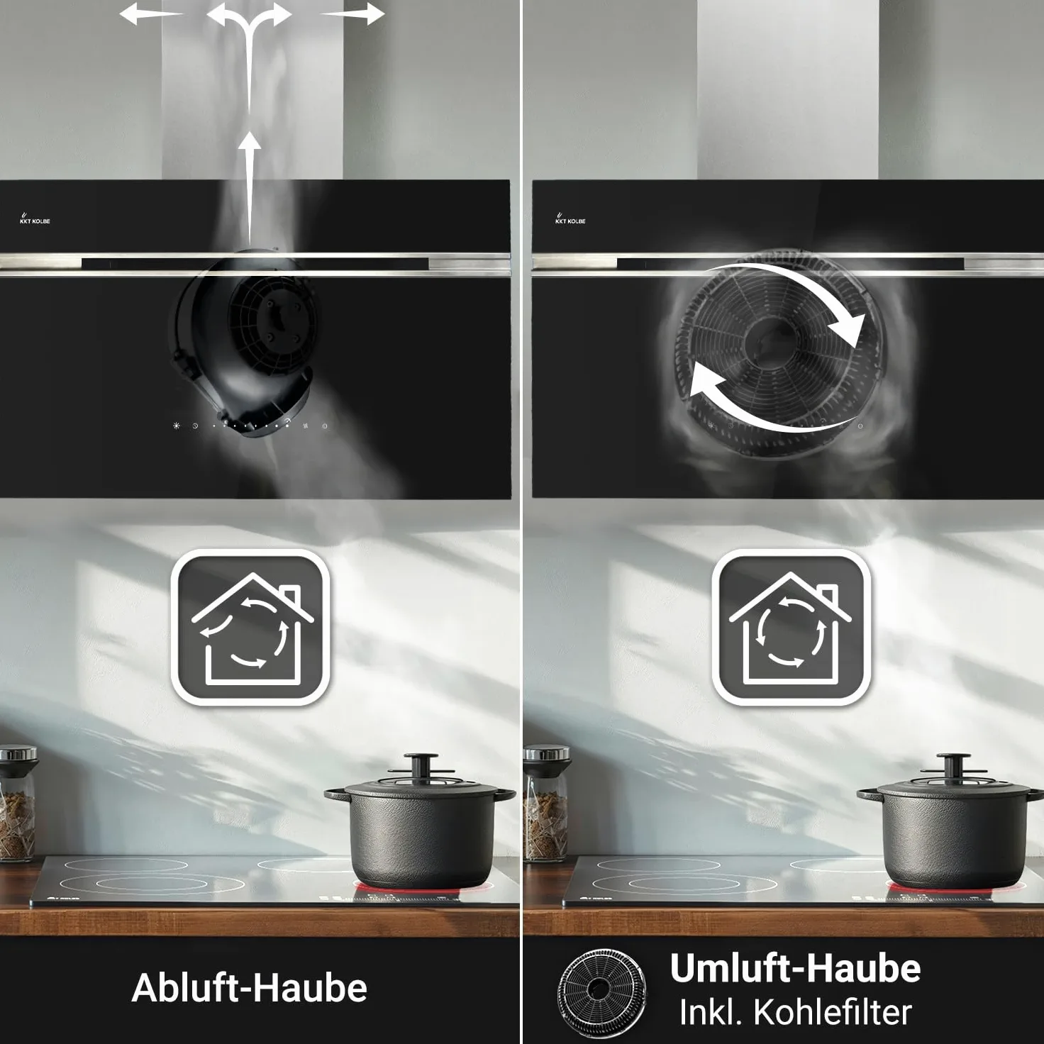 KKT KOLBE A+++ Campana extractora de 90 cm 782 cbm/h de recirculación, sin cabeza, campana de pared, color negro, plata, acero inoxidable, cristal, automática, aplicación WiFi inteligente, sensor