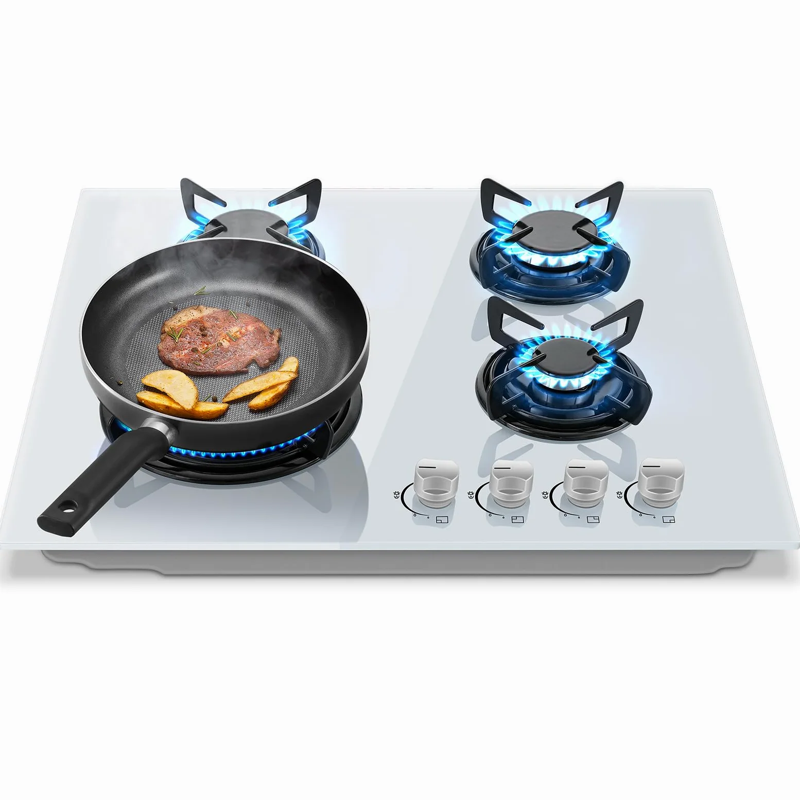 Placa de cocción con 4 fuegos de gas, TopStrong de cristal empotrable de 60 cm, hornillo de gas natural/propano, cristal blanco, protección Flame-Out, parrillas esmaltadas, 8060 W
