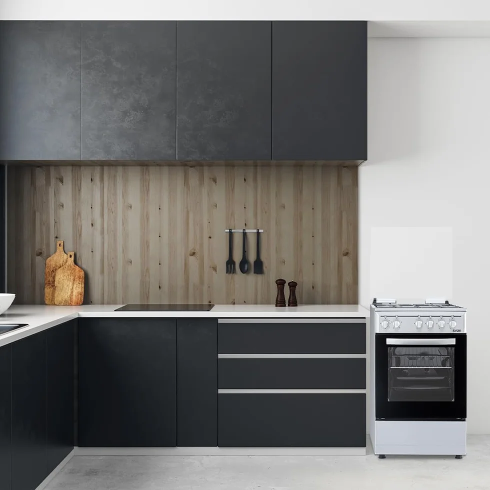 Svan Cocina Mixta Gas Butano 4 Zonas de Cocción, Horno 48 L, Inox SKM4501X. Control Manual, 5 Programas de Cocción, Cristal en Puerta de Doble Capa, Tapa Abatible