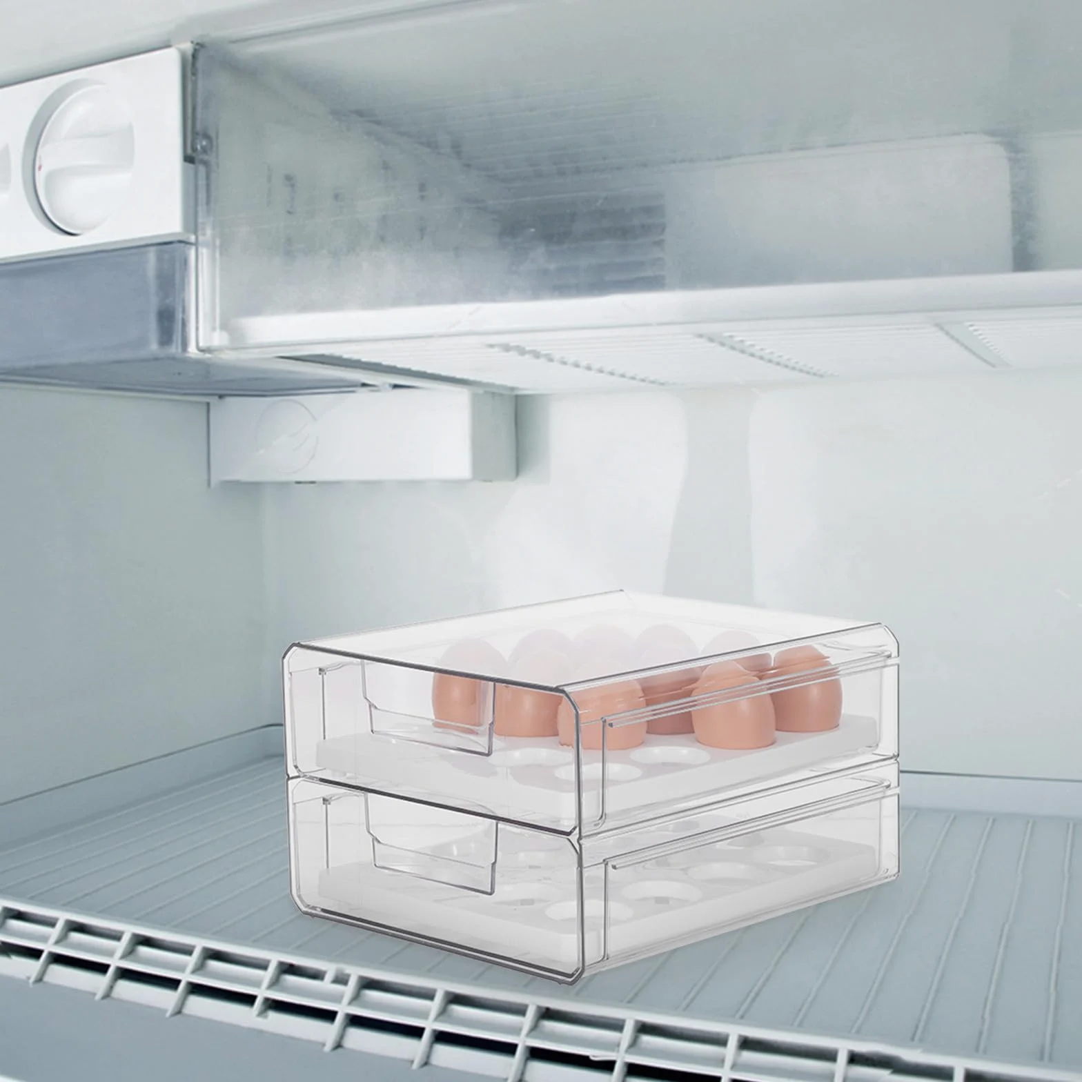 Huevera Transparente para Refrigerador de Plástico 2 Cajones, 32 Huevos | Doble Capa Orificios, Apilable y Deslizable, para Cocina y Frigorífico