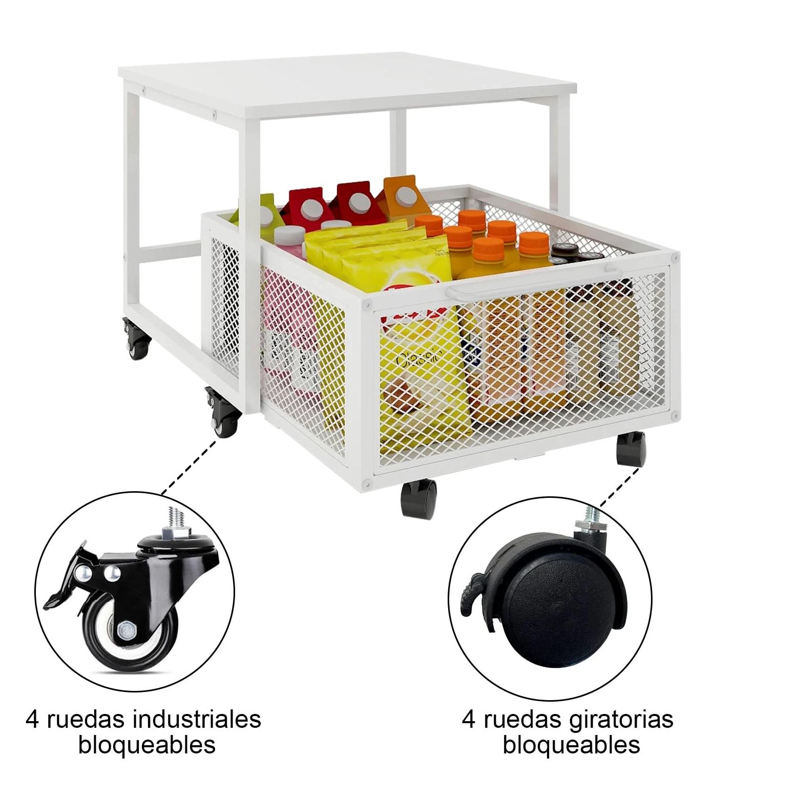 PUNCIA Mueble Soporte Móvil para Mini Nevera con Cesta Metálica Calada | Soporte para Frigorífico Congelador Refrigerador con Base Móvil Estantería con Ruedas para Nevera para Oficina Cocina Salón