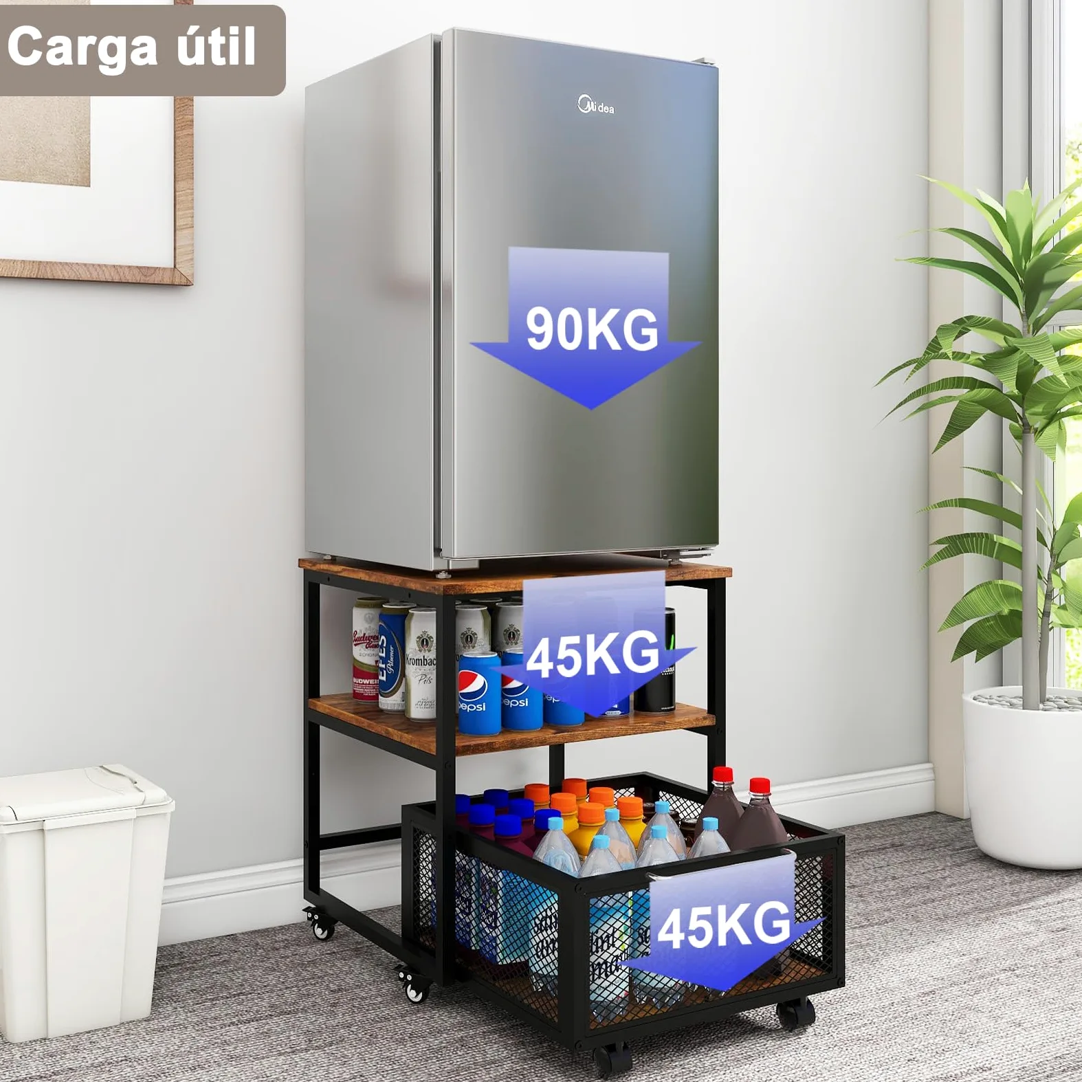 PUNCIA Soporte para Mini Nevera 3 Niveles con Cesta Metálica para Oficina | Mueble Mesa para Frigorífico con Base Móvil para Refrigerador con Ruedas Estante de Almacenamiento con Cajón Cocina Salón