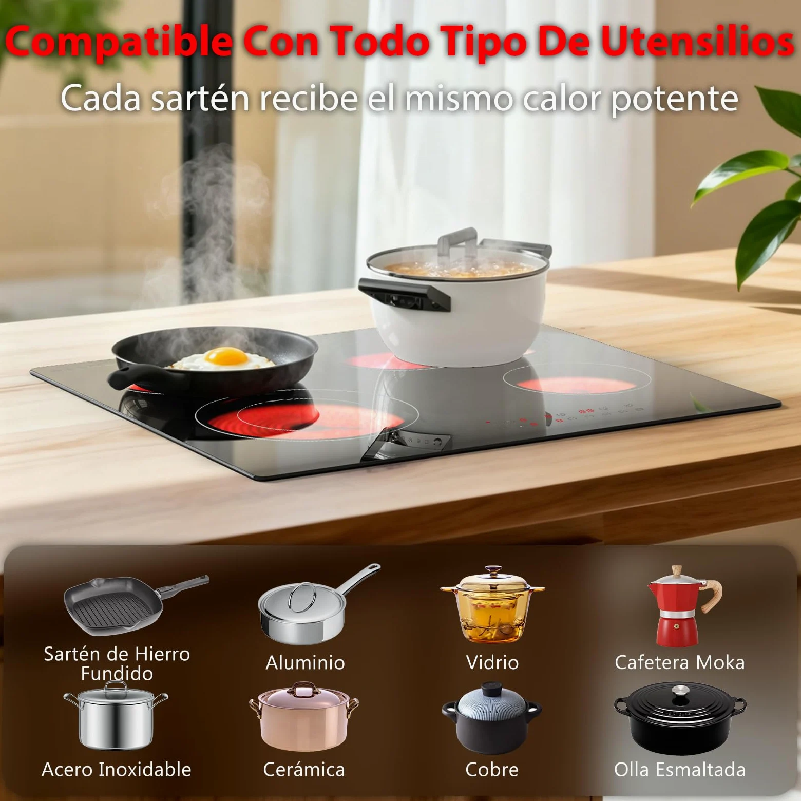 Placa Vitrocerámica 60cm Empotrable 4 Zonas 6700W Dual Ring