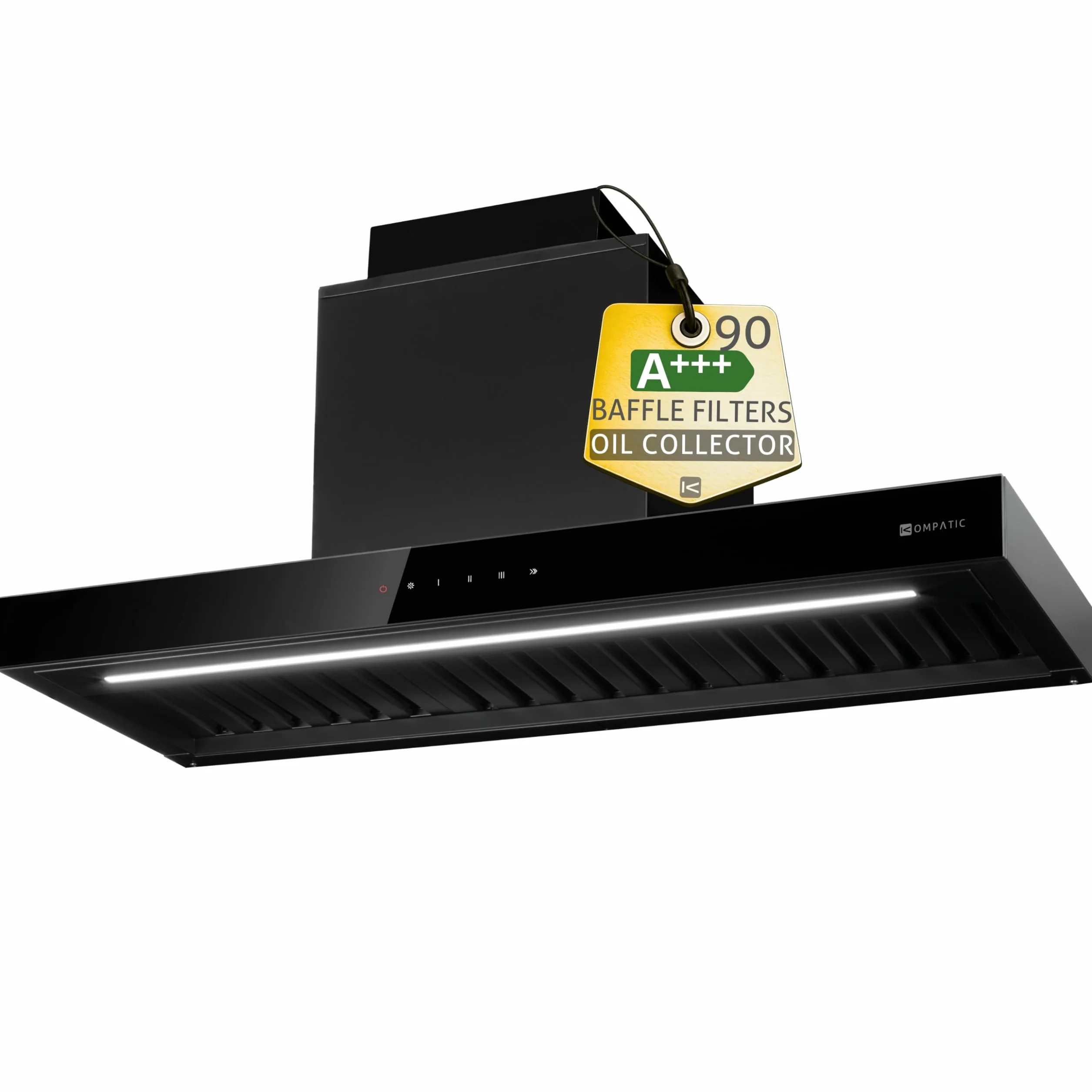 Campana extractora integrable Kompatic Riva 90 KRV90BI, 90 cm, motor brushless 800 m³/h, clase A+++, control táctil, Boost/Super Boost, negro mate.