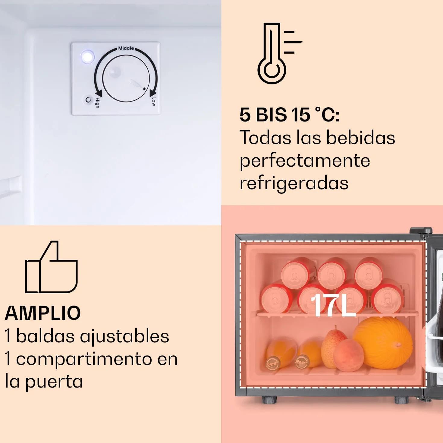 KLARSTEIN Nevera Pequeña Portatil Eléctrica, Mini Nevera Silenciosa, Caravana, Frigorificos Pequeños 3 Niveles Frío, Minibar 0-15°C, 17 l.