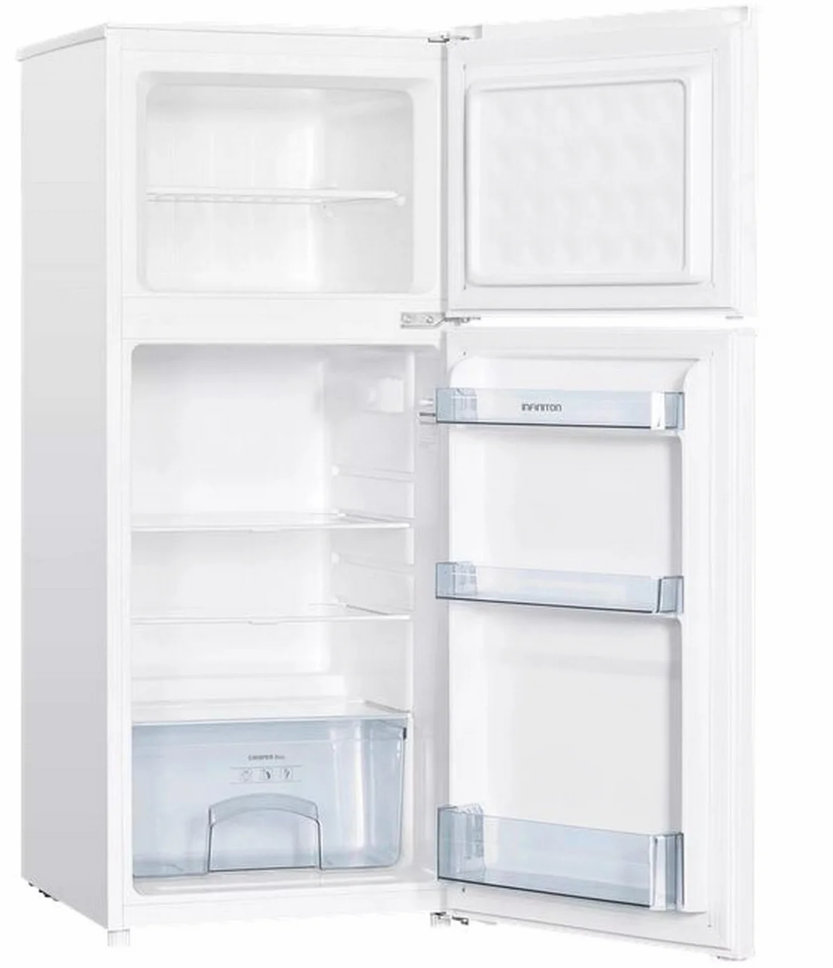 Frigorifico Dos Puertas Infiniton FG-151D12BEV, 151 Litros, 122 cm de Altura, Ancho de 50 cm, Ciclico, LED Interior, Regulación en altura, E, Blanco