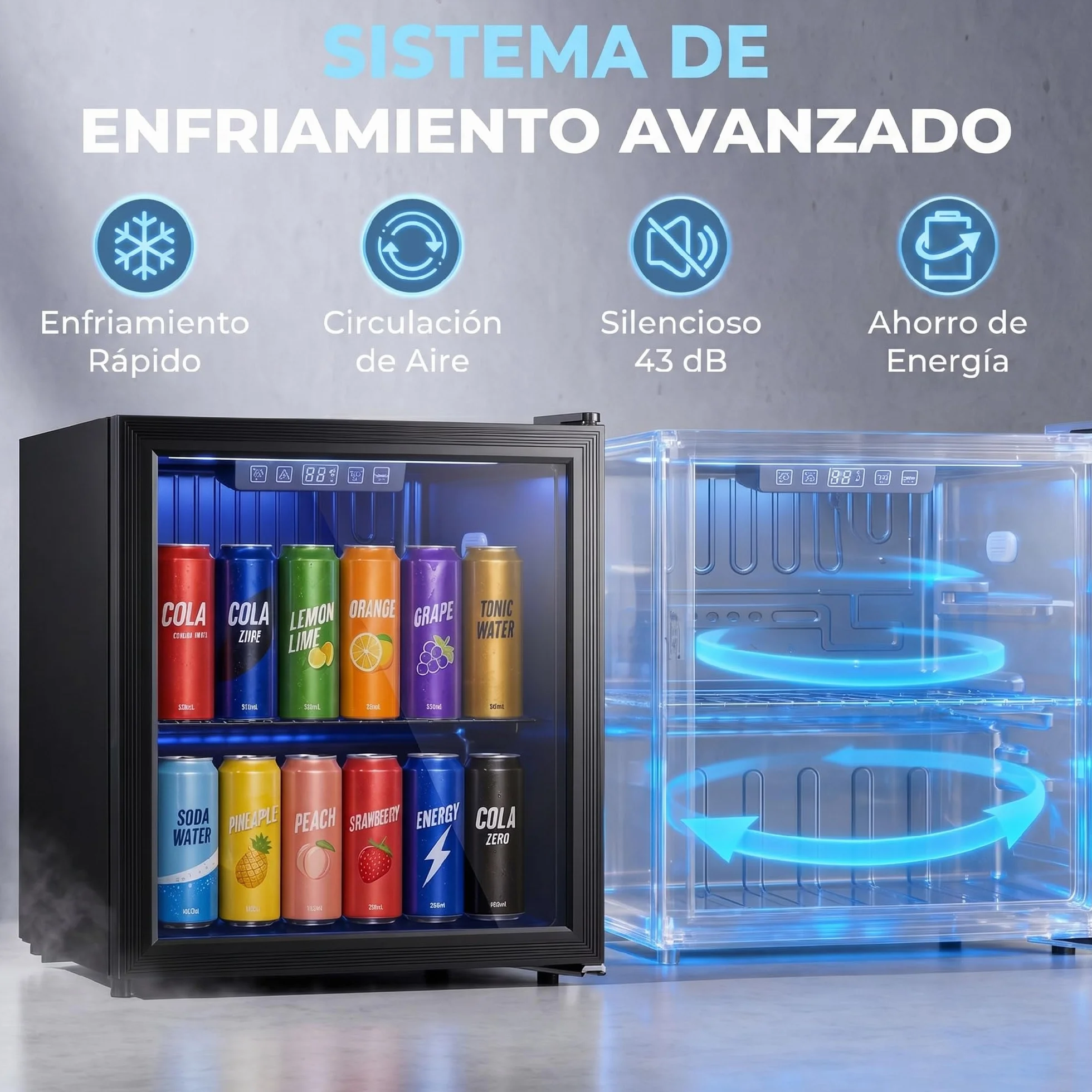 HOMCOM Frigorífico de Bebidas 50 L, Mini Nevera con Puerta de Vidrio Doble, Iluminación LED, Estante Ajustable, 2-18℃, para 48 Latas, Nevera Pequeña para Refrescos, Cerveza y Vino