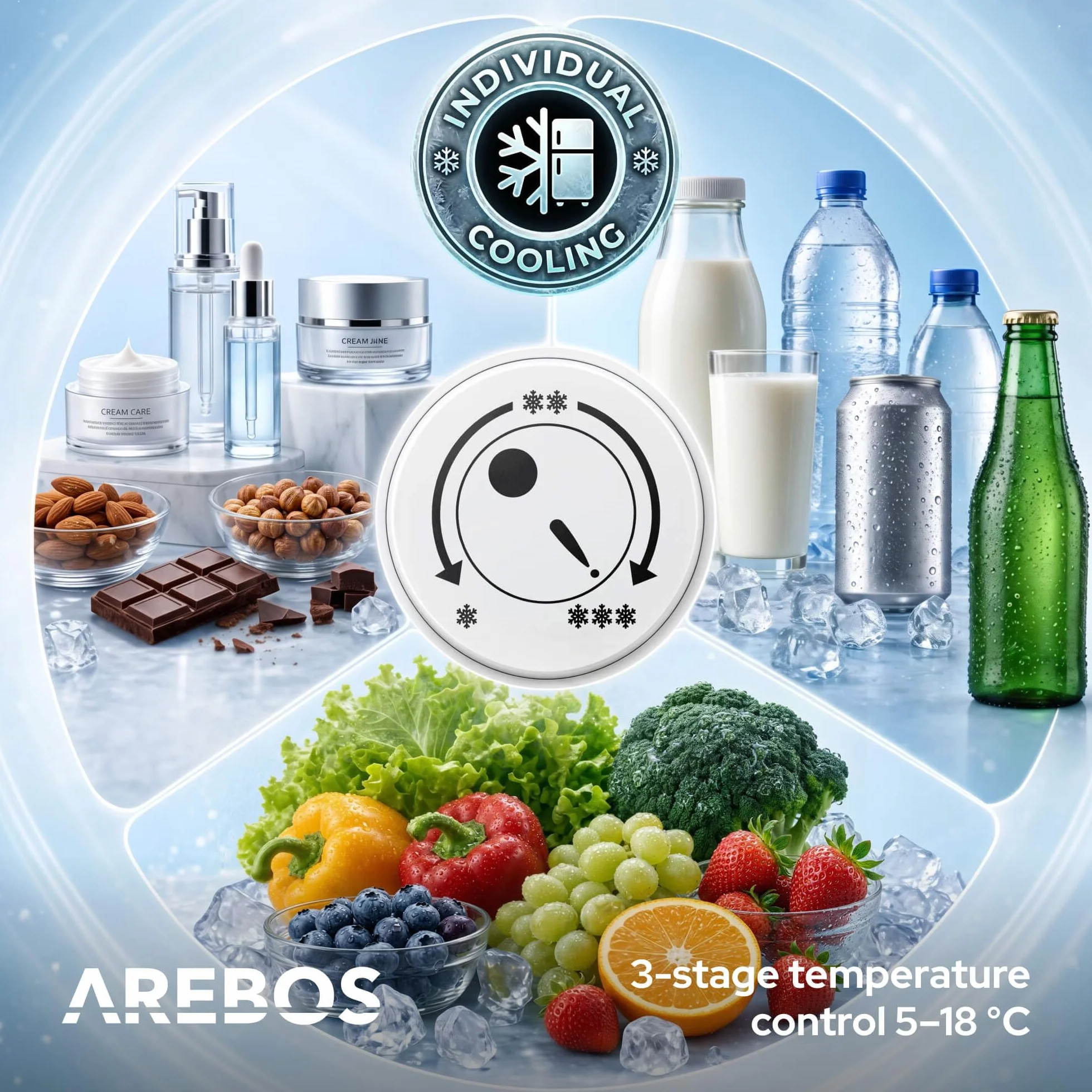 Arebos Mini Frigorífico 40L | Mini Bar Silencioso ≤27 dB | Nevera Compacta con Cerradura, LED y Temperatura Ajustable 5–18 °C | Frigorífico Oficina | Negro