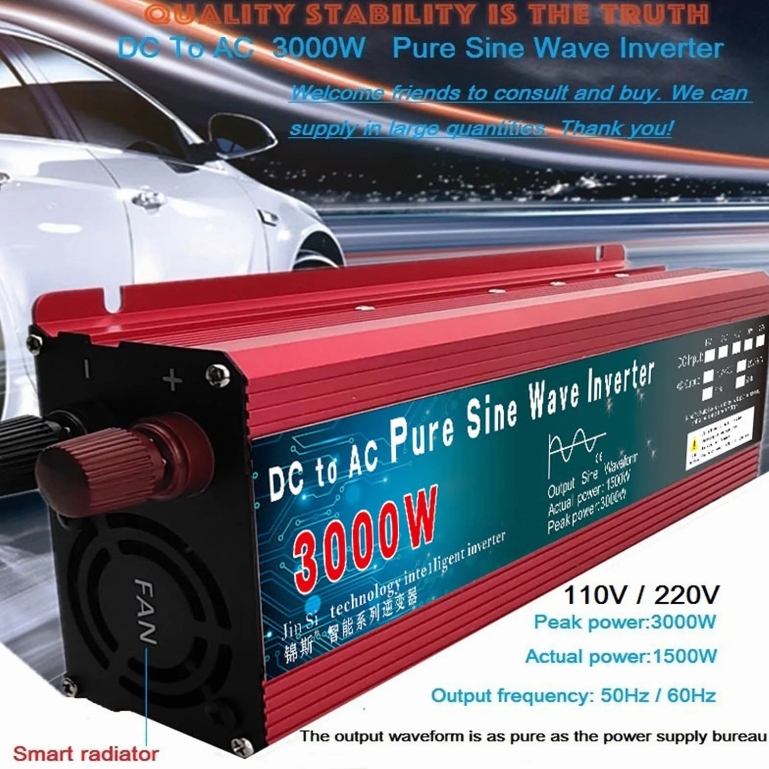 Inversor de Corriente, Inversor de onda sinusoidal pura DC 12v / 24v 1000W 1600W 2000W 3000W Convertidor de banco de energía portátil Inversor solar(3000W 24V,50HZ_1)