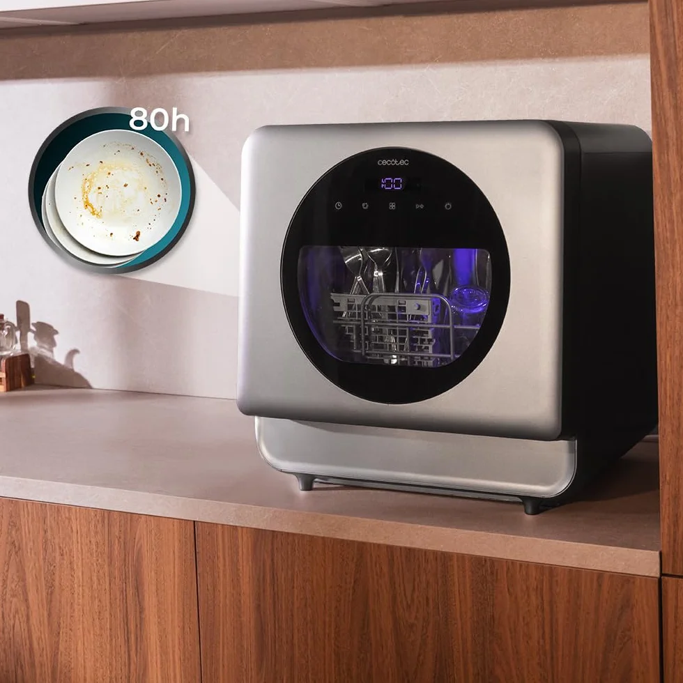 Cecotec Lavavajillas Compacto Libre Instalación Sobremesa Bolero Aguazero 1150 Dark, 3 Cubiertos, 6 Programas, Touch Control, Dark Inox