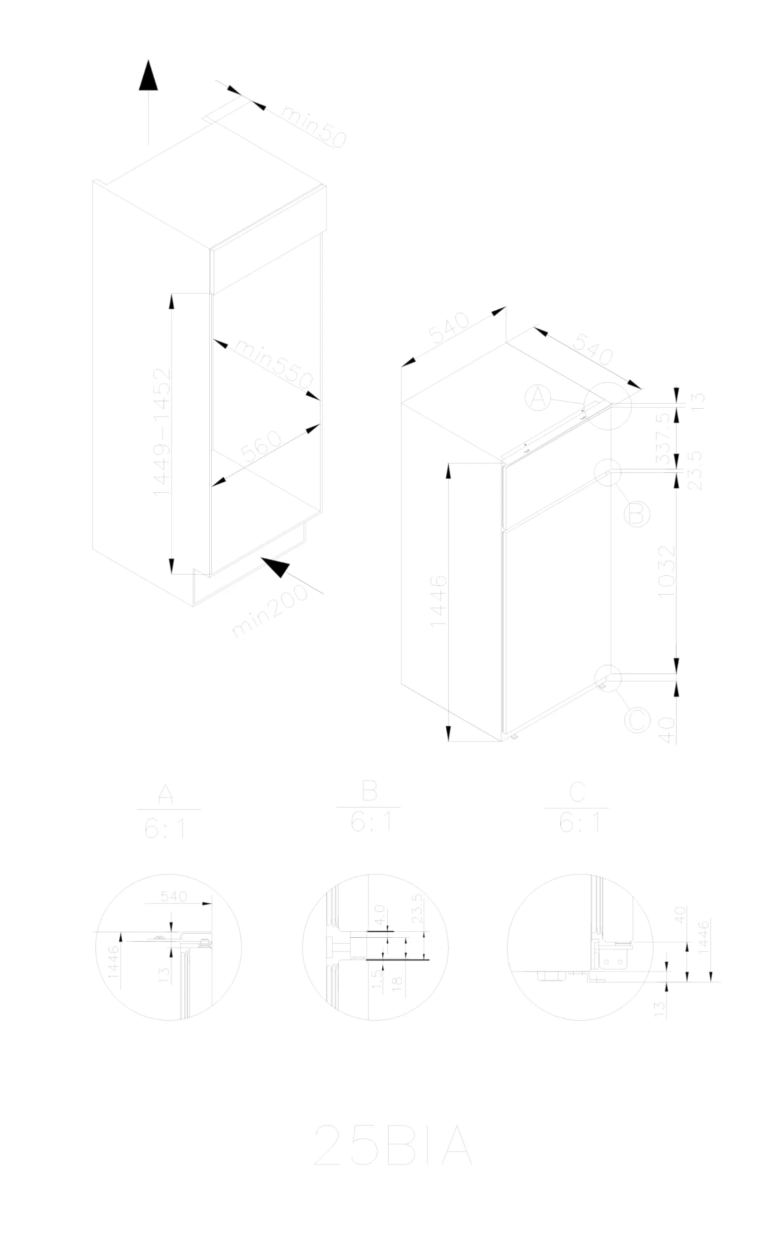 Candy CFBD 2450/5EH - Frigorífico empotrado con congelador, puerta de arrastre, doble puerta, nicho de 144 cm, 205 litros, compartimento frigorífico de 169 litros, congelador de 36 litros, 1 cajón de