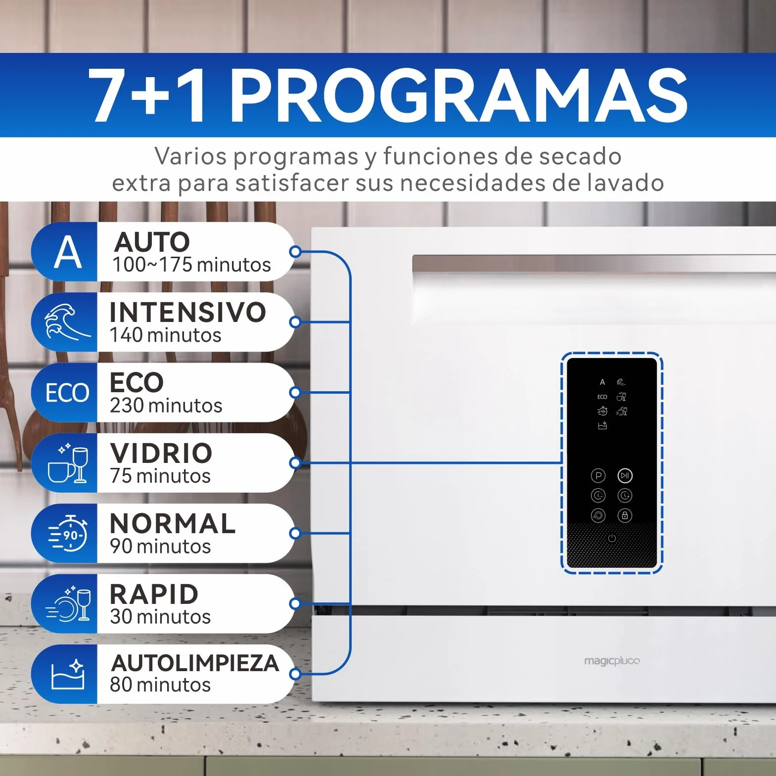 magicplux Lavavajillas compactos, 6 cubiertos, 7+1 programas de lavado, inicio retardado, función de autolimpieza, para apartamentos pequeños, mini lavavajillas con conexión de agua, blanco