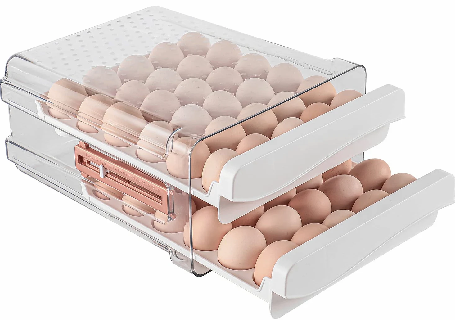 Sooyee Contenedor de huevos de 60 capacidad para refrigerador, soporte para huevos domésticos para nevera, contenedor de almacenamiento transparente de huevos de gallina, color blanco