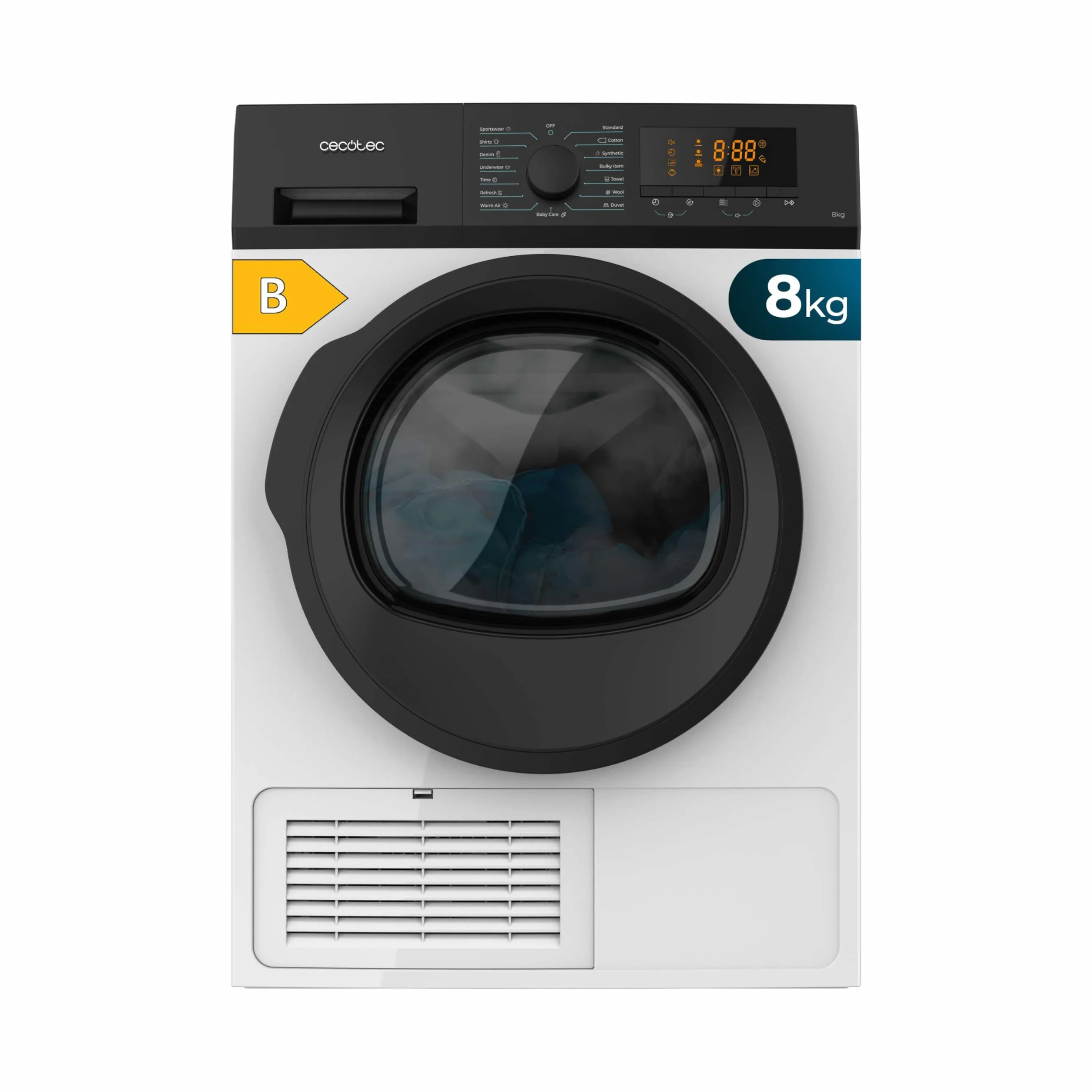 Cecotec Secadora de la Ropa de Condensación 8 kg Bolero DressCode Dry 8200C B. 15 Programas, Secado automático, KidLock, Planchado Fácil, Delay Start, Antiarrugas, Giro Bidireccional, Luz interior