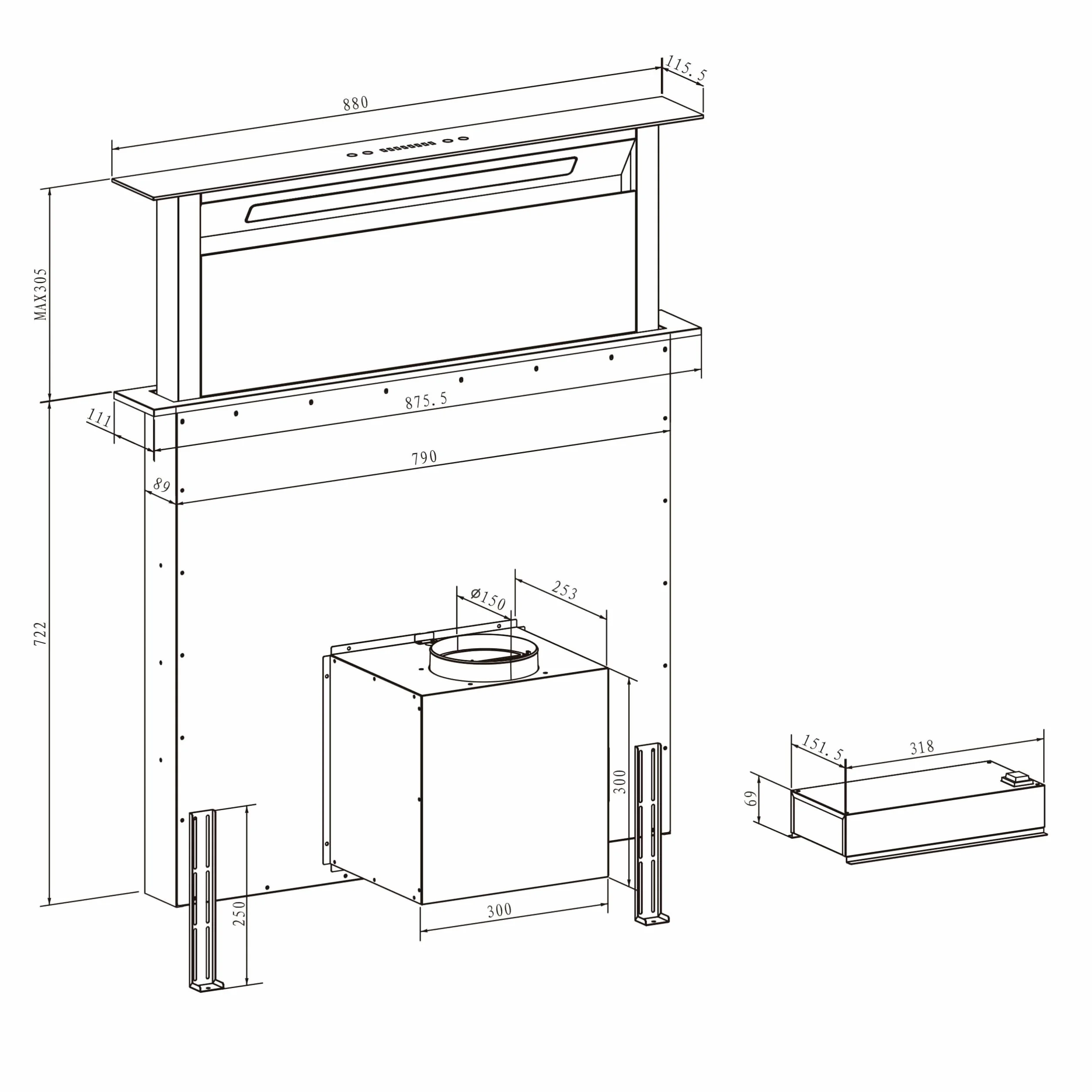 Cecotec Campana Extractora de Encimera 90m Bolero Flux ET 908000 Glass Black A++. 210W, Succión 800m3/h, 8 Velocidades, Slider Touch Control, Filtro Carbono, Acabado en Cristal Negro
