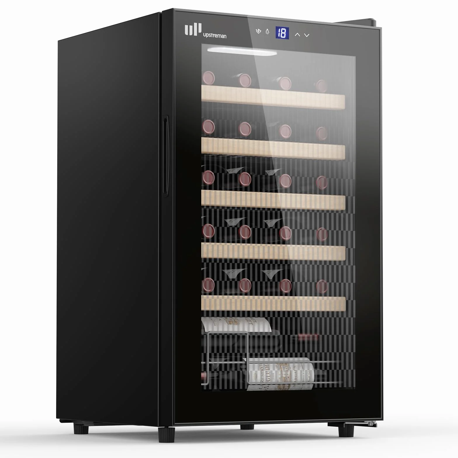 Upstreman Vinoteca para 24 Botellas, 5°C - 20°C Ajustable, Empotrable & Bajo Encimera, Doble Acristalamiento, Pantalla Táctil, Iluminación LED, 5 Baldas, Bodega de vino Negro W24
