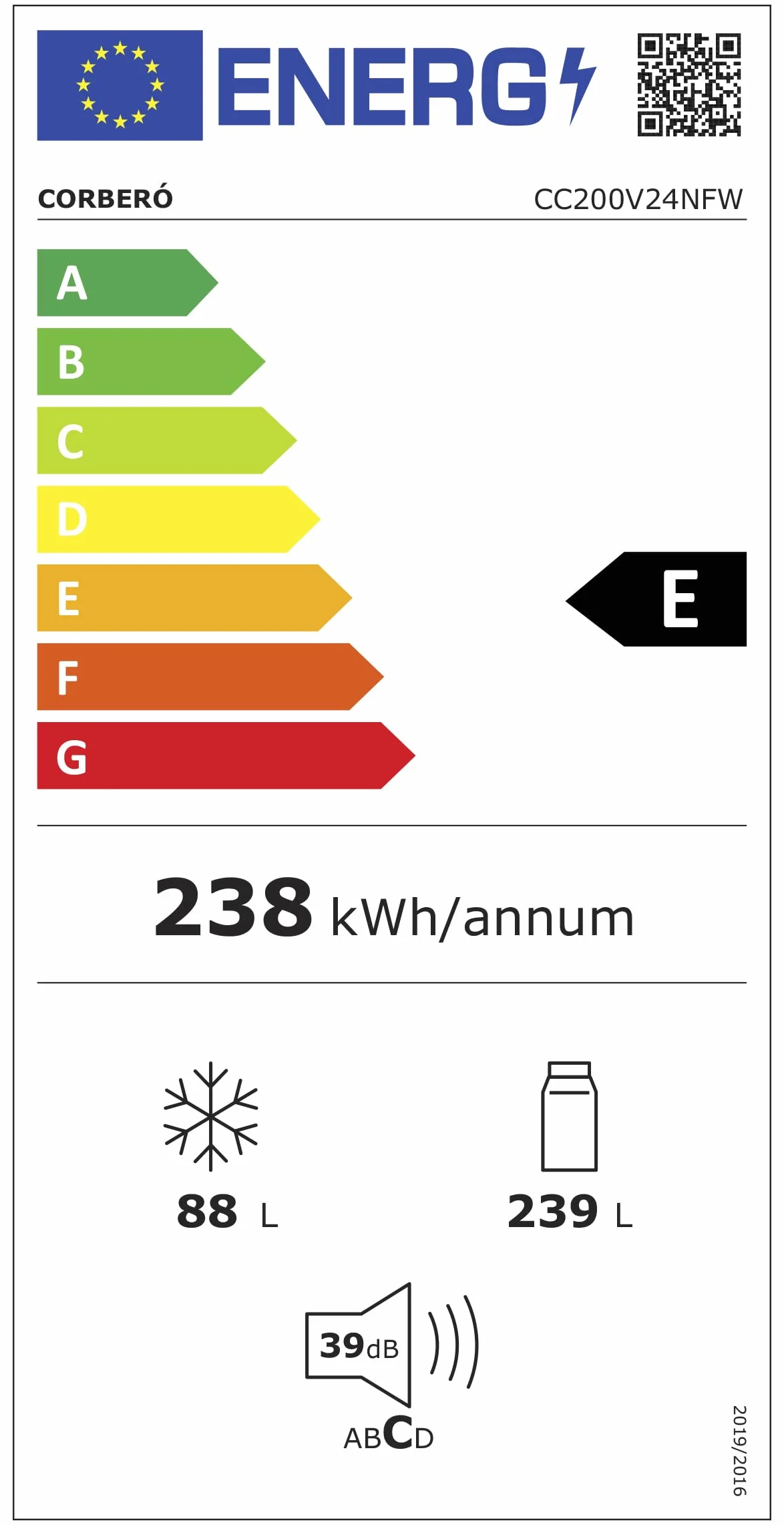 Corberó - Frigorífico Combi | CC200V24NFW | 327L | 60x59,5x201 | No Frost, Luz LED, Crisper, Balcones Ajustables, Estantes de Cristal, Huevera | 39 Db | Blanco
