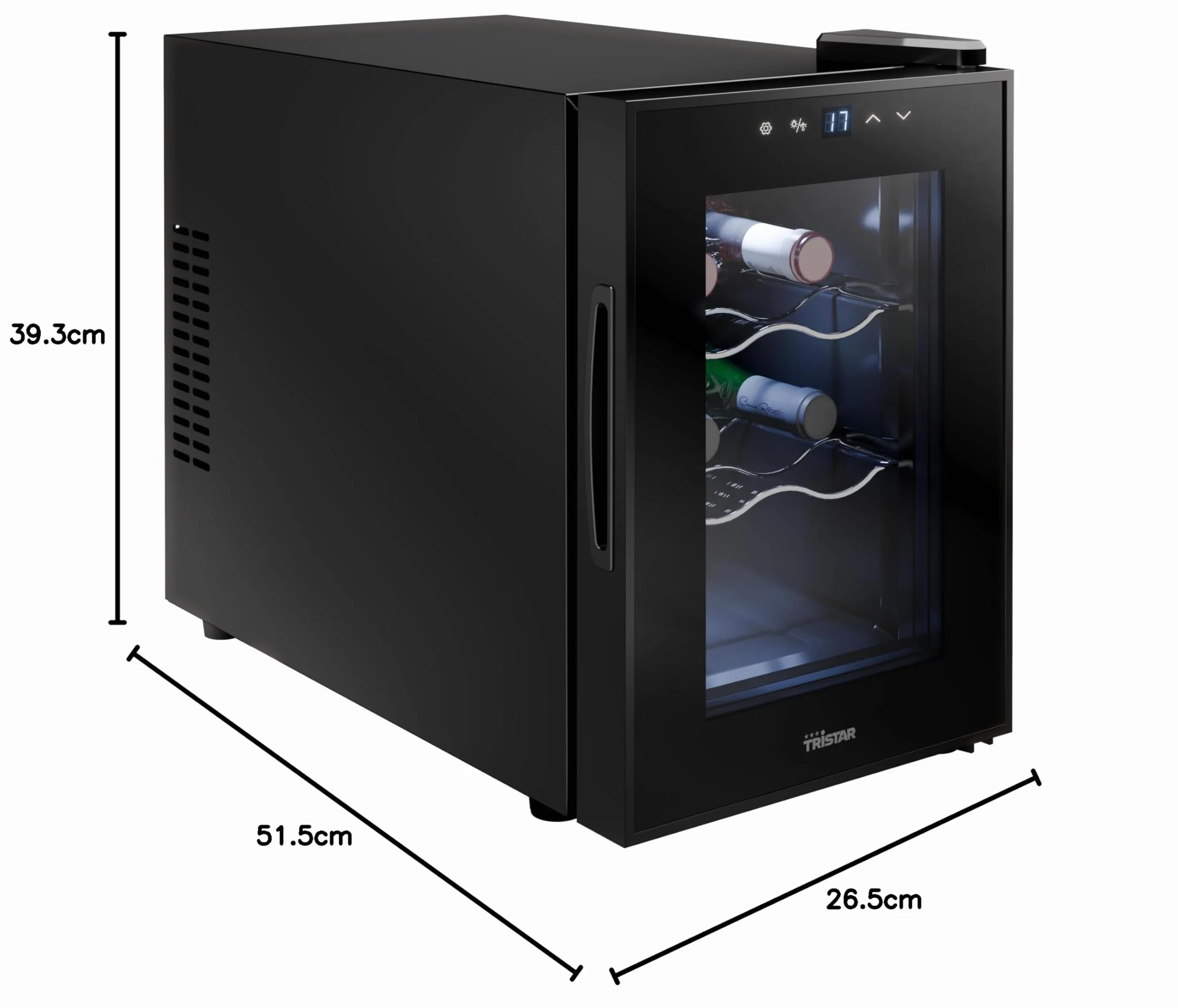 Tristar Vinoteca Grande Saignée – Para hasta 6 botellas – 17 L – Termoeléctrica – Puerta de cristal – Pantalla LED táctil – Luz interior – WR-7506 [Clase de eficiencia energética E]