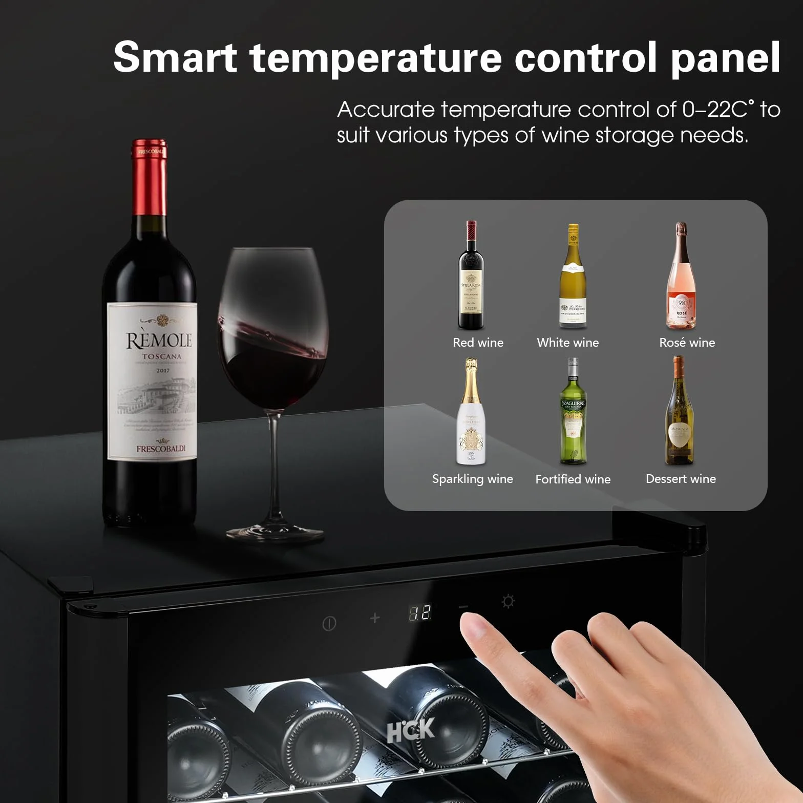 HCK Vinoteca, Nevera para Vinos 1 Zona de Refrigeración, 48 Botellas, 115 L, 4-22°C, Pequeña Nevera de 85 cm de Altura Con Panel Táctil, Silenciosa con Puerta de Vidrio, Negro
