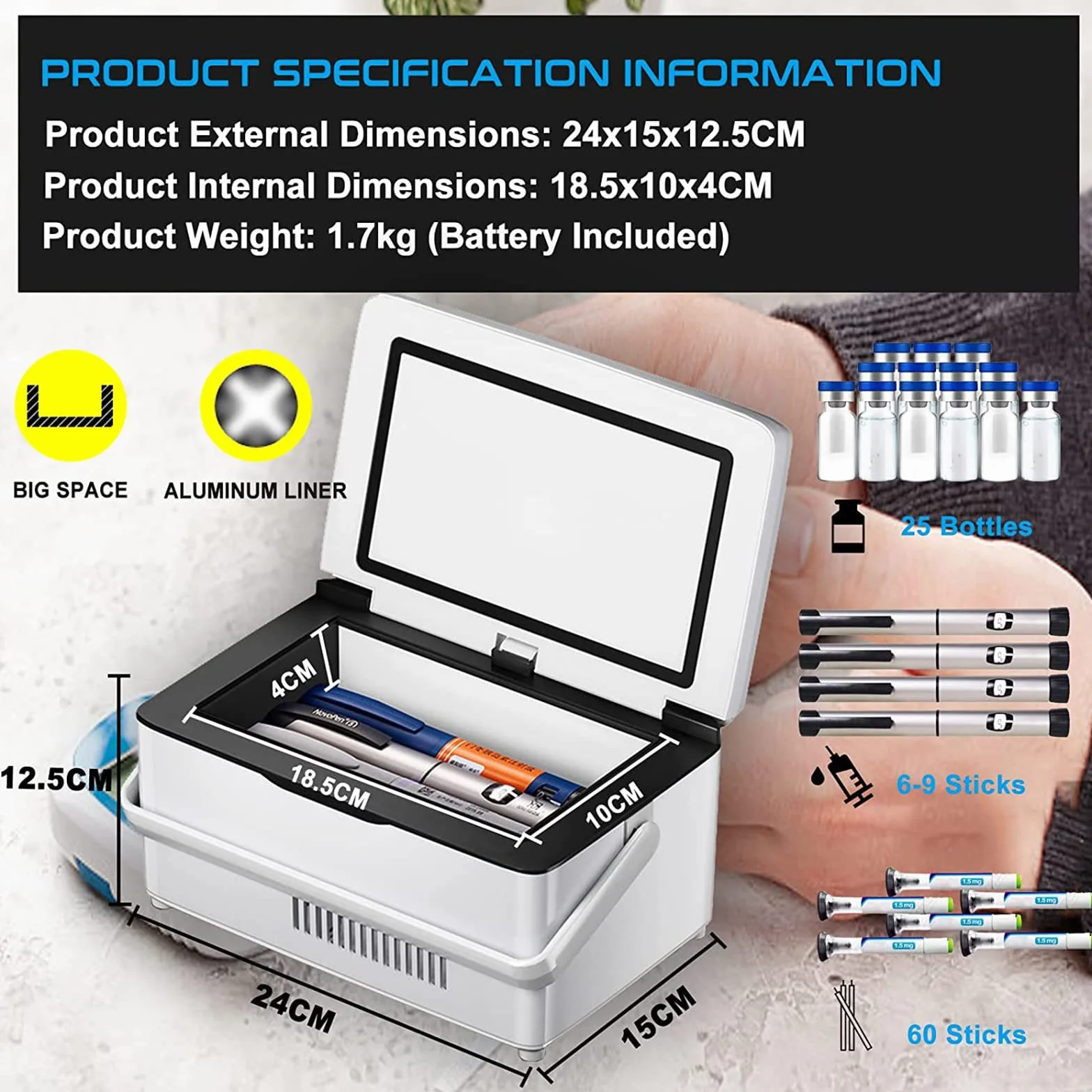 Nevera portátil para insulina, Temperatura Constante 0-18℃ Mini Nevera para medicamentos, Tiempo de Trabajo Largo de 8 Horas, Mini Nevera para medicamentos con Pantalla LCD y 2 baterías