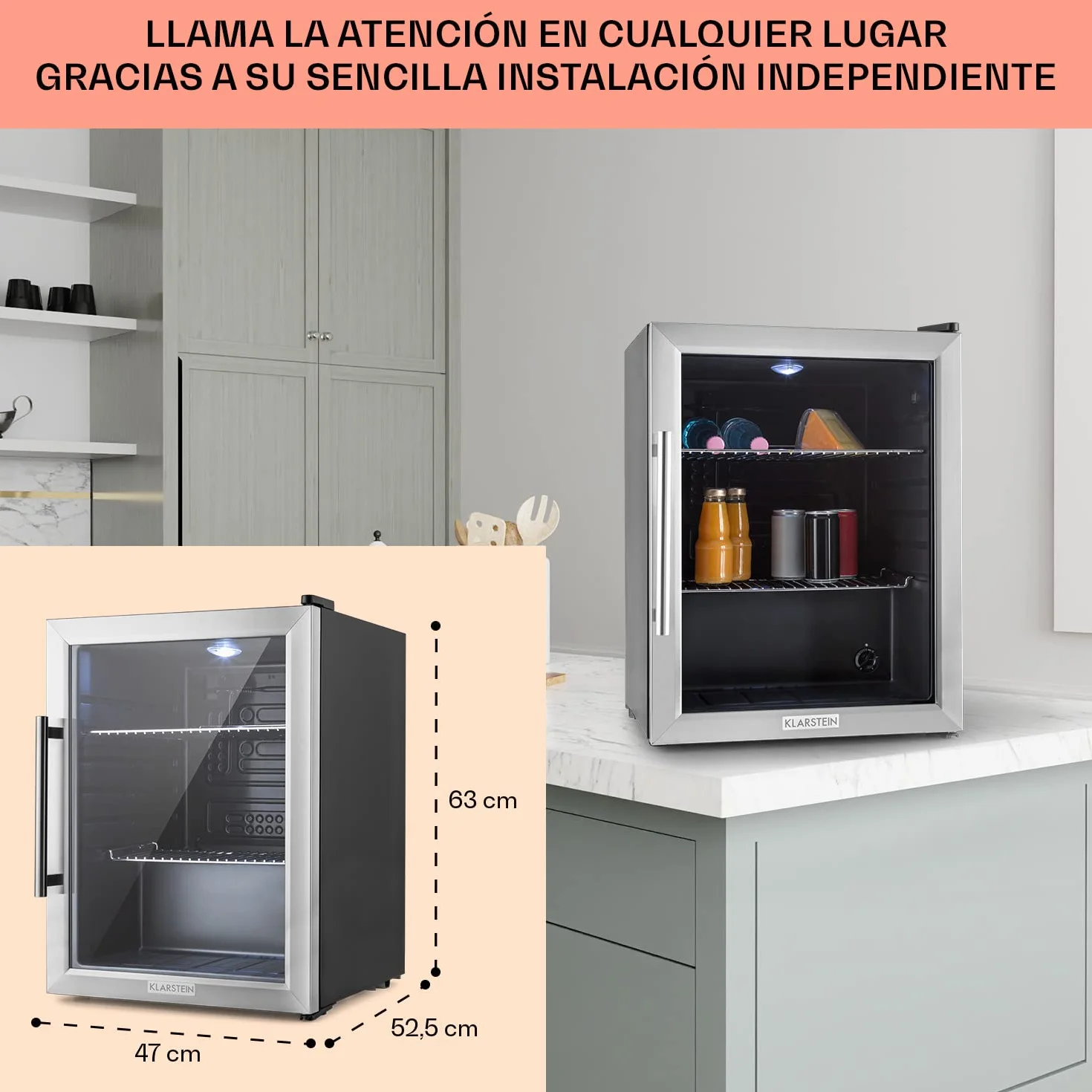 KLARSTEIN Nevera Pequeña Puerta Cristal Habitaciones, Nevera Portatil Electrica, Mini Nevera Pequeña para Bebidas, Frigorificos Pequeños 60L, Mini Frigorifico con Estantes, Neveras Pequeñas