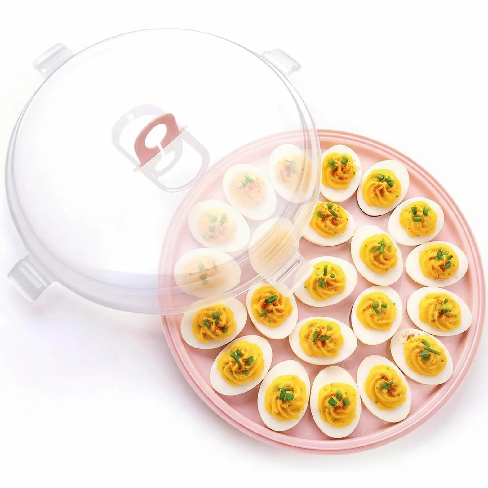 HANSGO Bandeja de huevos diablos, soporte redondo rosa para huevos con tapa, portador portátil para acampar, Pascua, señoras, cocina, refrigerador, 22 ranuras para huevos