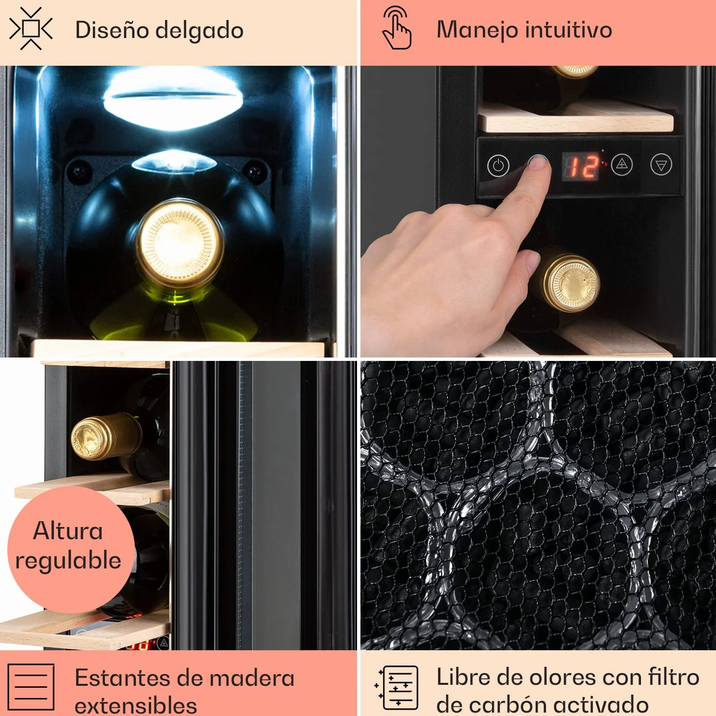 KLARSTEIN Vinoteca, Nevera para Vinos con 1 Zona de Refrigeración, Botellero Puerta Cristal para Vino, Proseco, Expositor Interior y Exterior, Panel Táctil, 20 L., Vinoteca Capacidad 7 Botellas