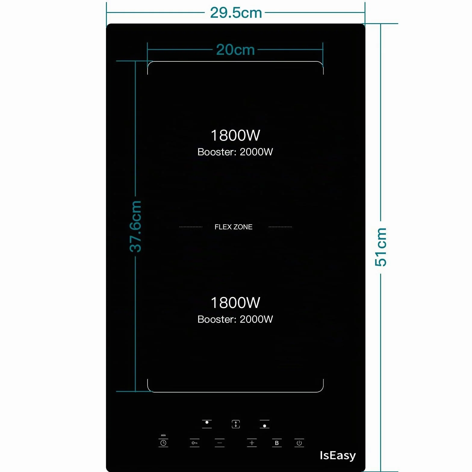 IsEasy - Placa de inducción con 2 luces empotrables, mesa de cocción eléctrica de 3400 W, 2 Boosters, temporizador, zonas flexibles, parada de coche, cerradura infantil, color negro
