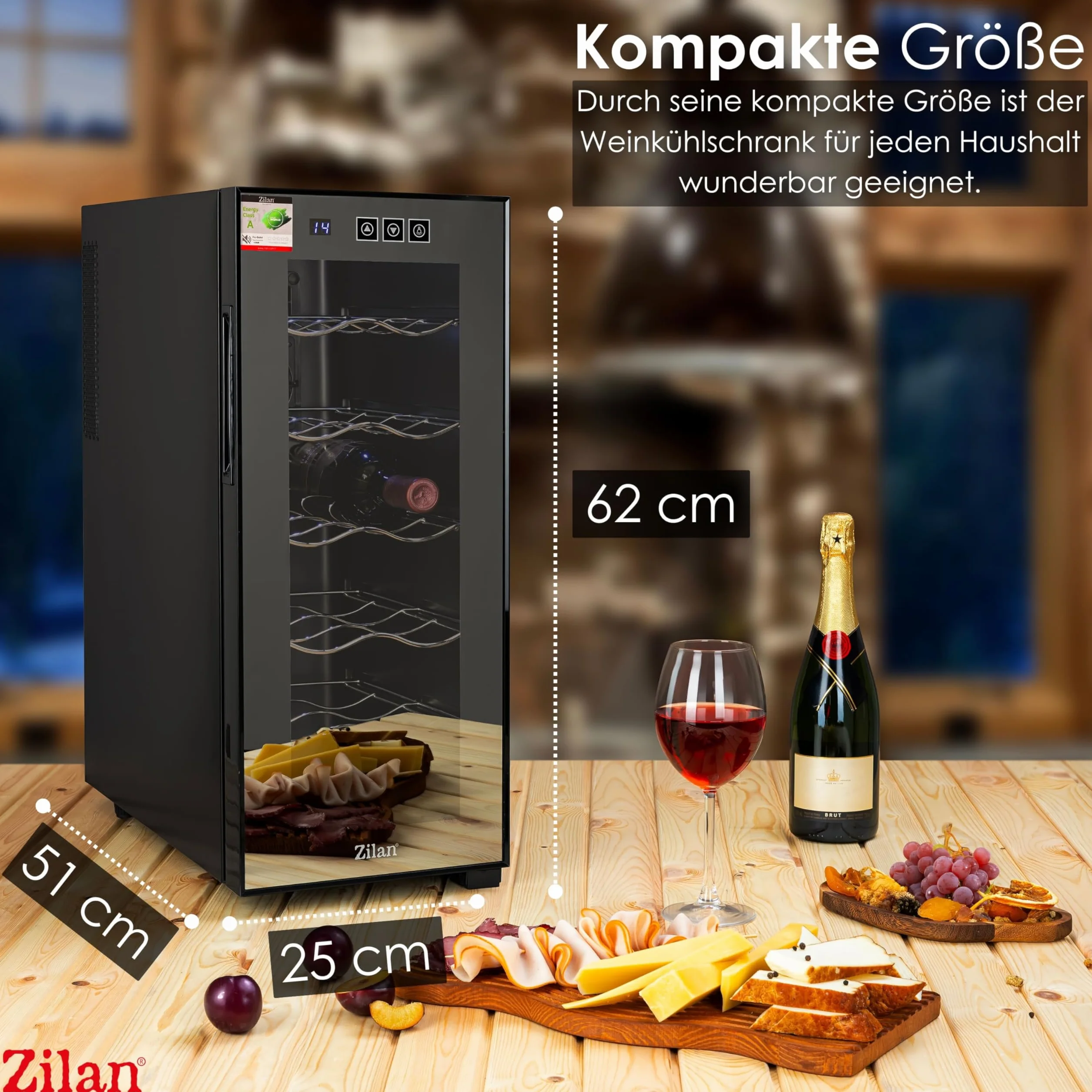Zilan Refrigerador para vino, independiente, silencioso, 12 botellas, 33 litros, luces LED, enfriador de vino, armario pequeño con clima de vino, mini nevera, minibar con puerta de cristal