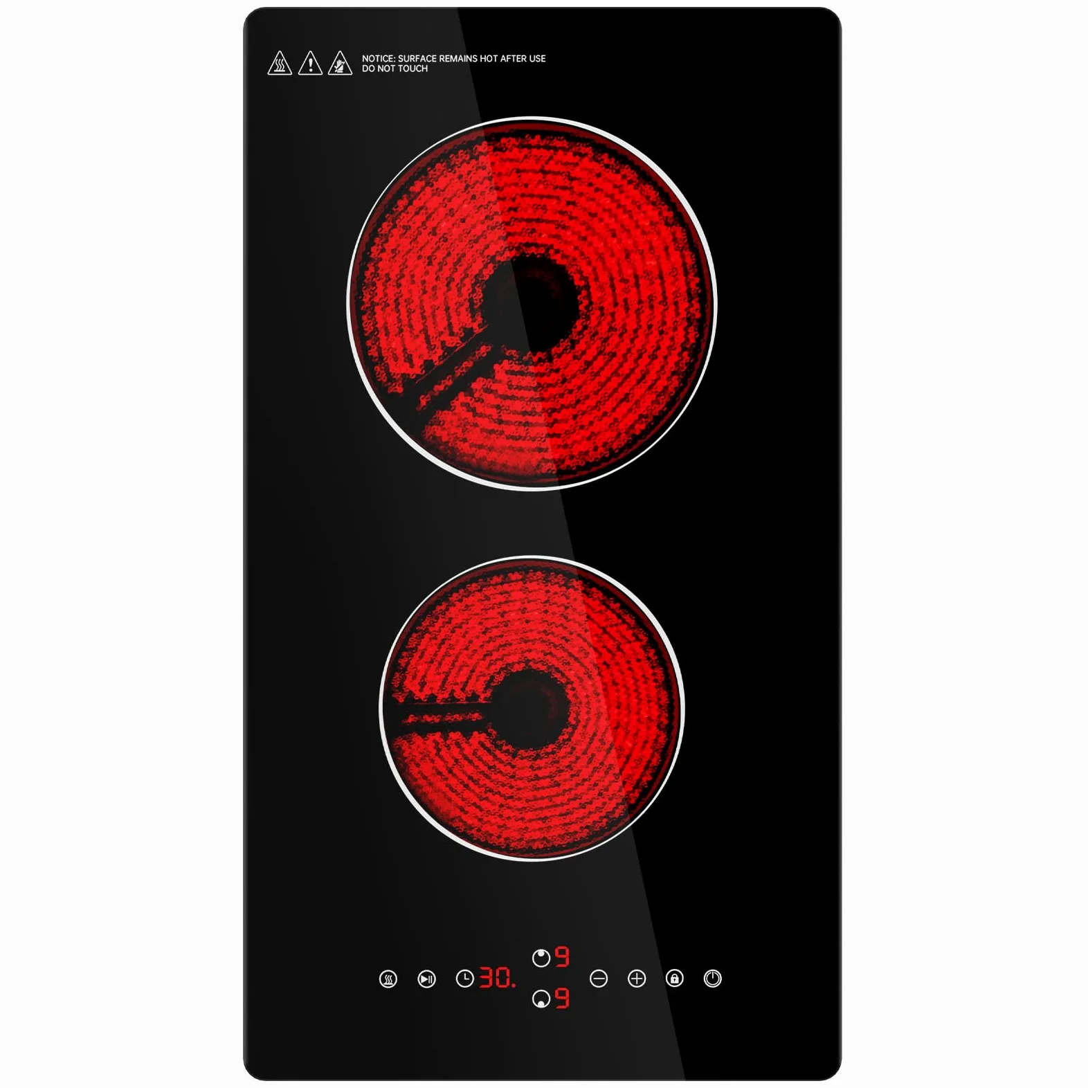 Placa Vitrocerámica 2 Fuegos, 3000W Vitroceramica con Controles táctiles y 9 Niveles de Potencia, Sistema Keep warm, Control Seguridad niños