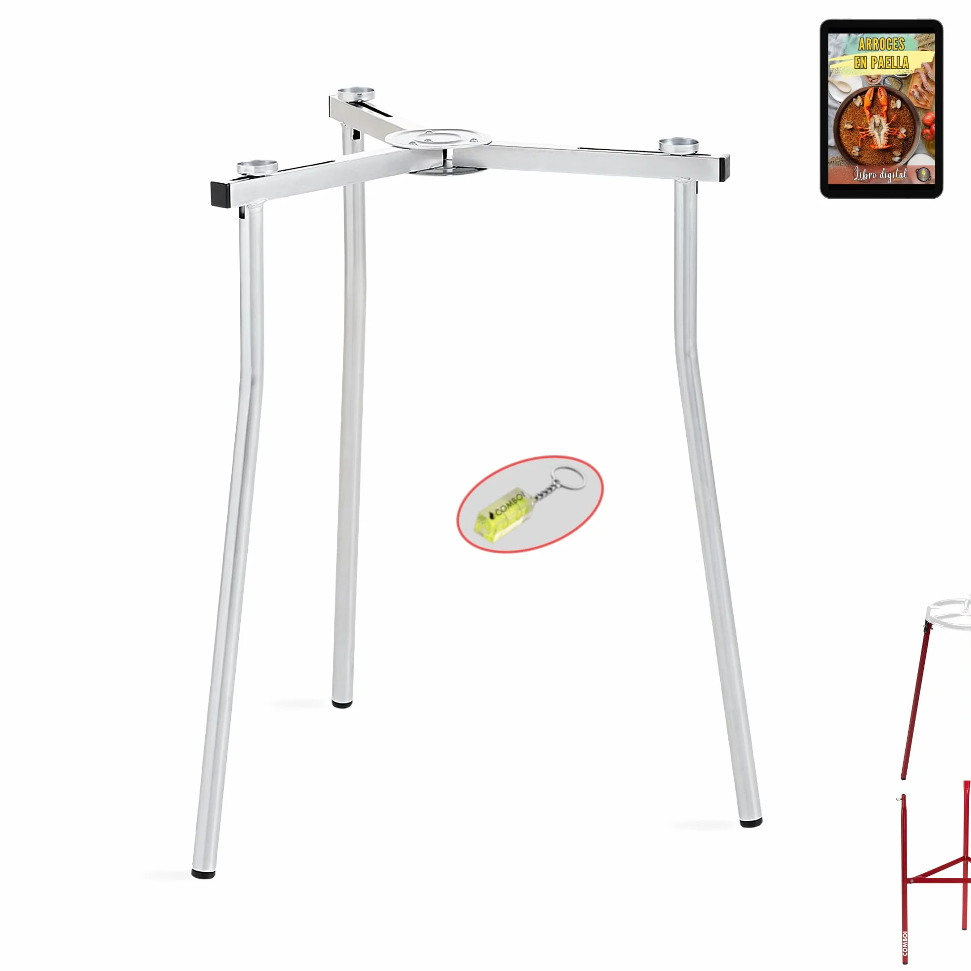 COMBOI - Juego de 3 patas para quemador - paellero de gas, incluye libro de recetas digital, nivel e instrucciones de montaje, fabricado en España. (Trípode Regulable)