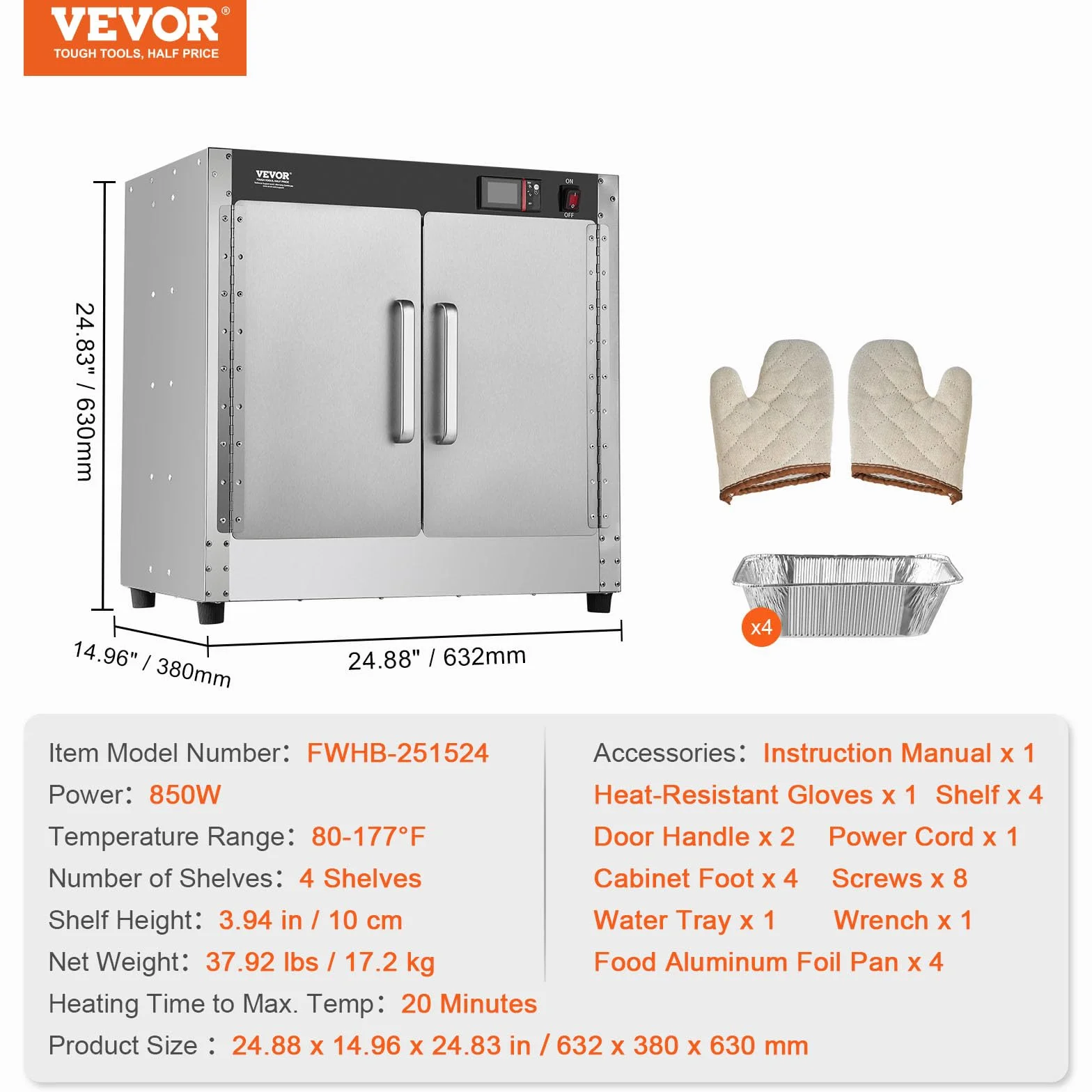 VEVOR Calentador de Alimentos Tipo Caja Caliente, 4 Niveles con Bandeja de Agua, 4 Bandejas, Puerta Doble y Estantes Ajustables, Acero Inoxidable, Ideal para Almacenar Pizza, Pollo, Restaurante, 850 W
