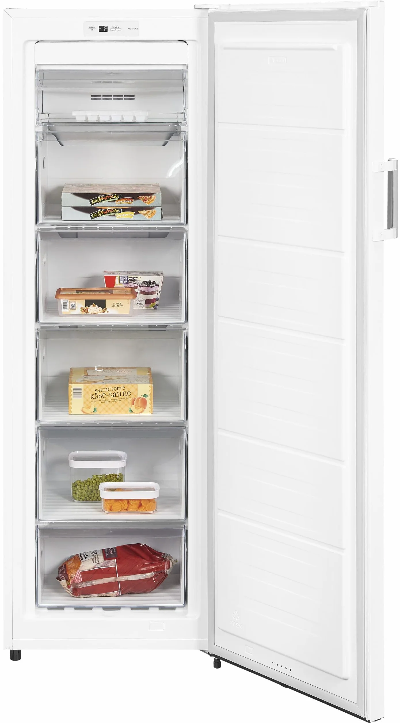 Exquisit® Congelador Vertical, 194L, Clase E, Color Blanco, 1 Puerta, 5 Cestos, Estante de Cristal,Tecnología No-Frost, Cajón XL, Altura Regulable, Consumo 219 kWh/año, Medidas 169,5x56x56,5 Cm.